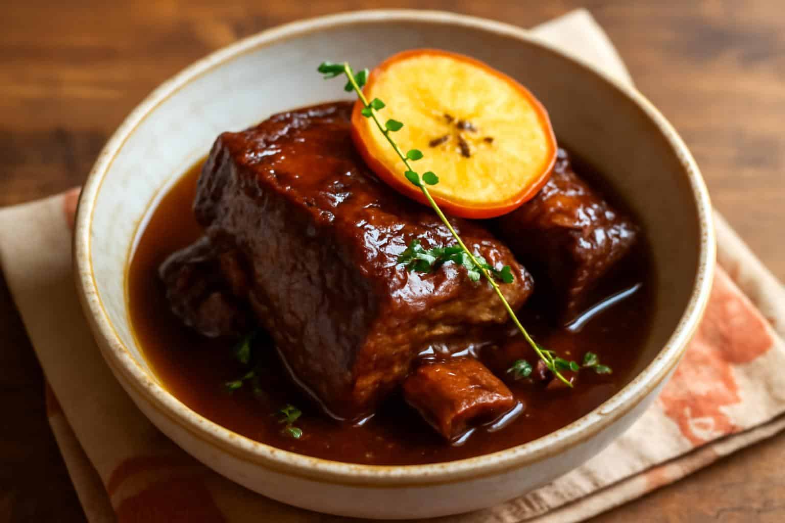 Tender apple cider-braised short ribs in rustic bowl garnished with thyme and apple slices