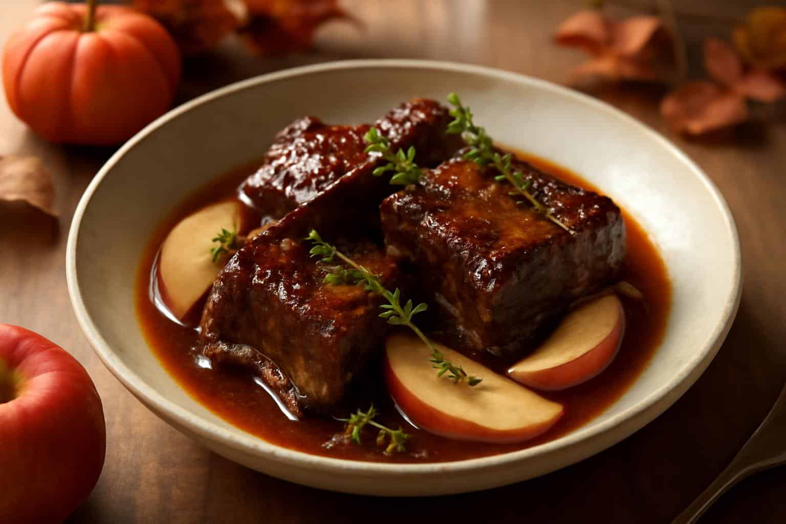 Tender apple cider braised short ribs with fresh thyme garnish and sliced apples