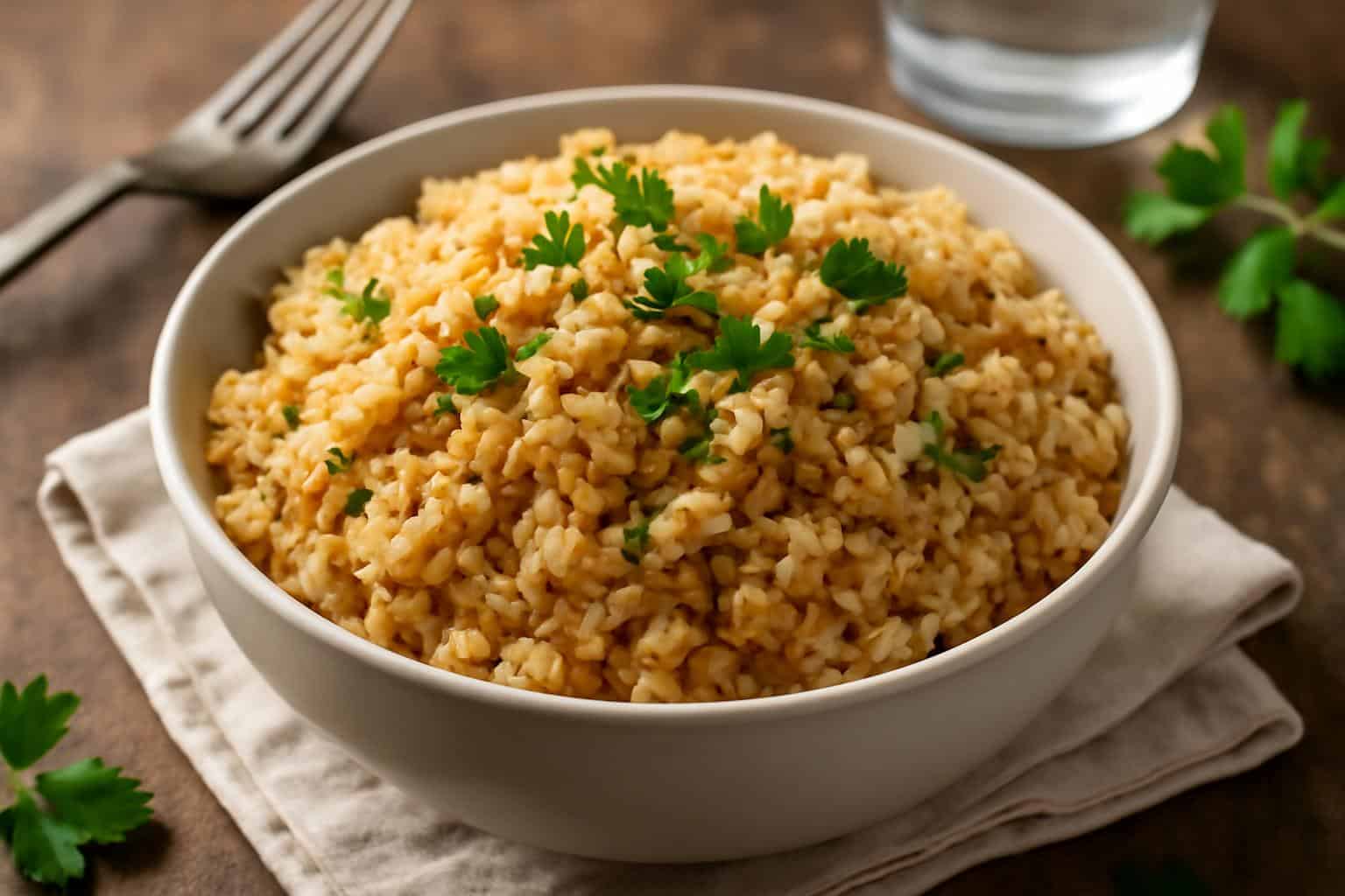 A bowl of Texas Roadhouse seasoned rice garnished with parsley, ready to serve with steak