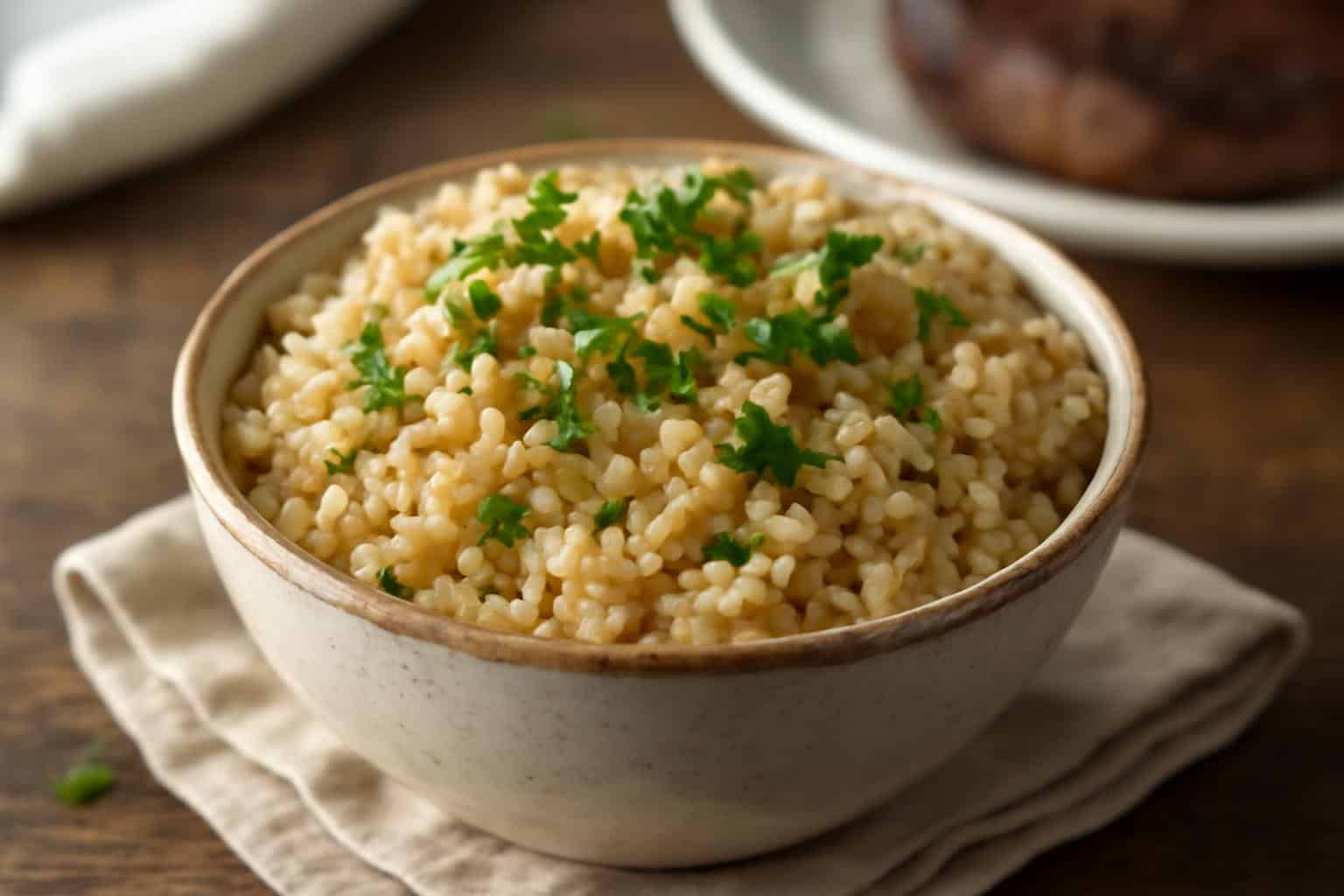 Bowl of Texas Roadhouse seasoned rice garnished with parsley for steak dinner