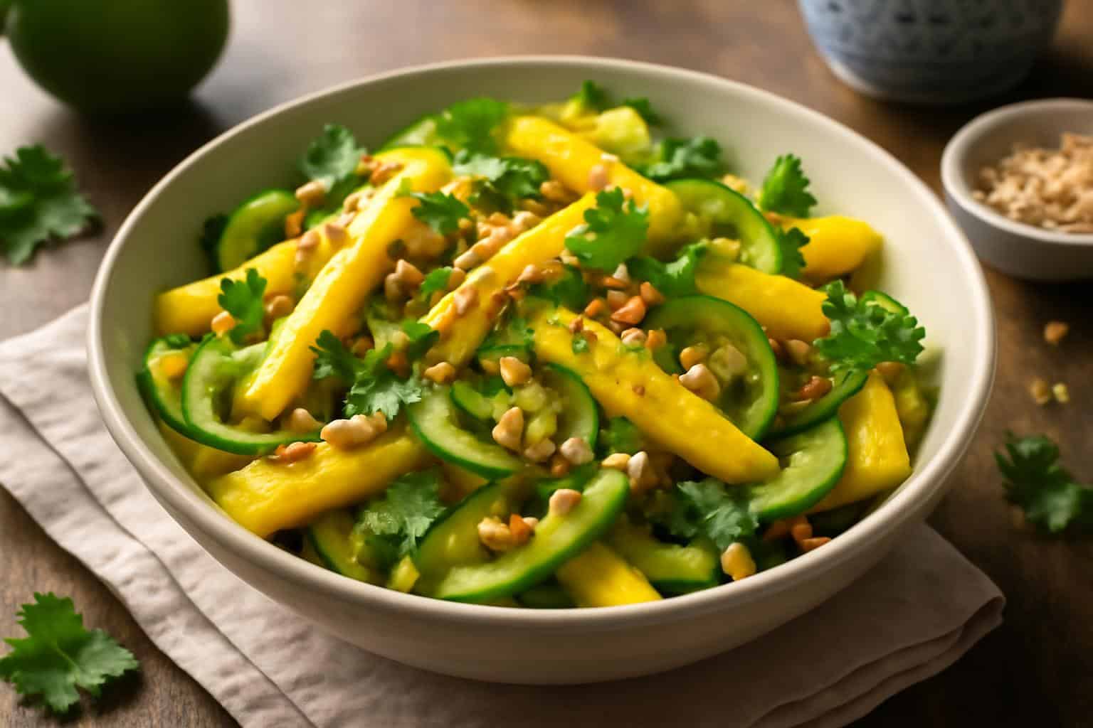 Thai mango cucumber salad with sweet, tangy flavors and fresh cilantro garnish