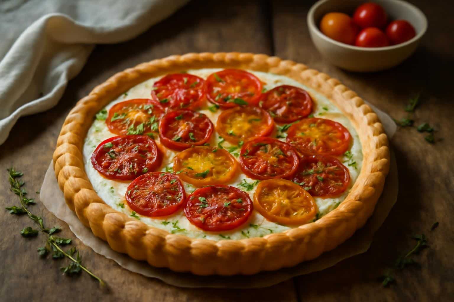 Delicious tomato goat cheese tart with fresh herbs on rustic wooden table in natural light