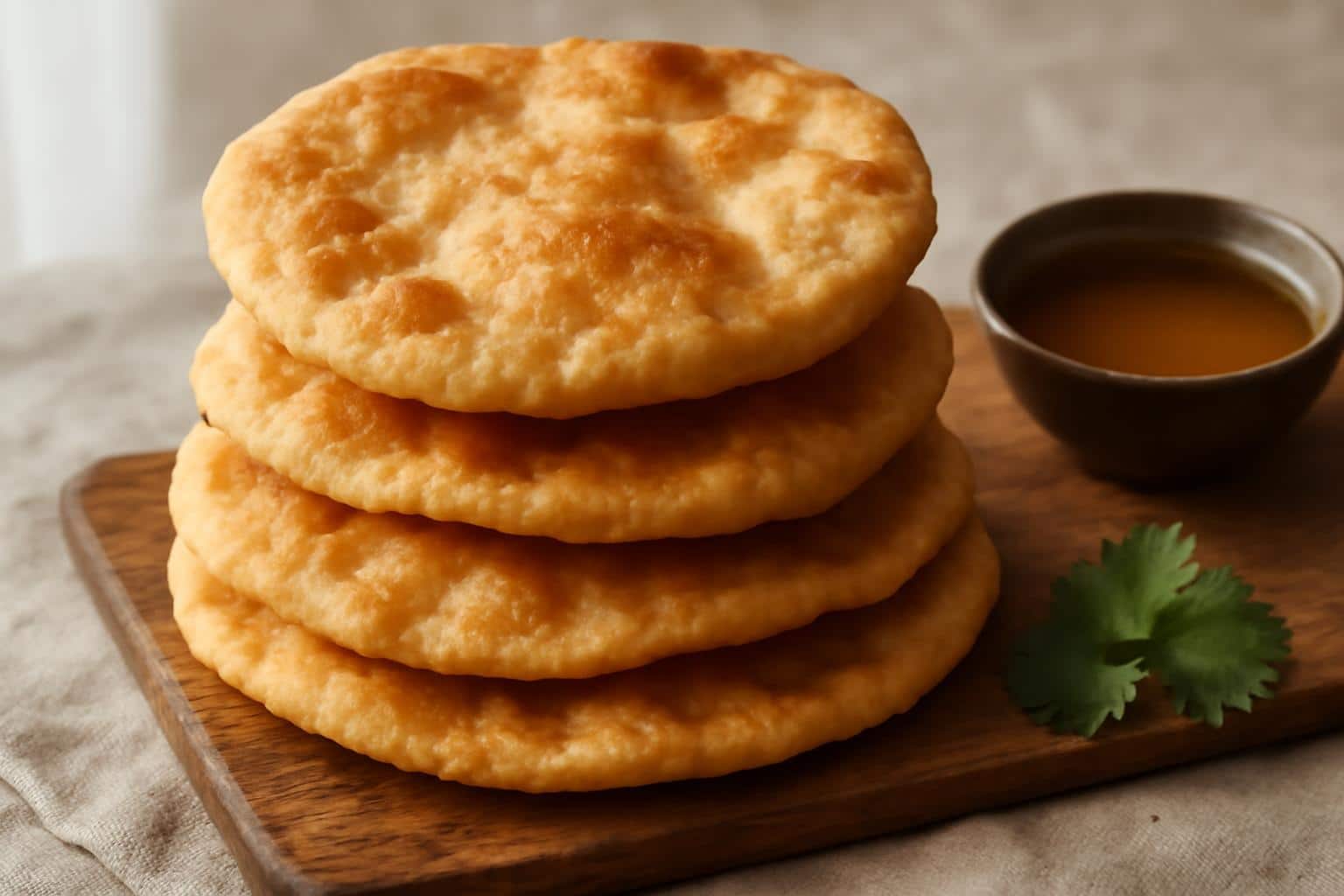 Golden brown traditional indian fry bread stacked with honey and cilantro garnish