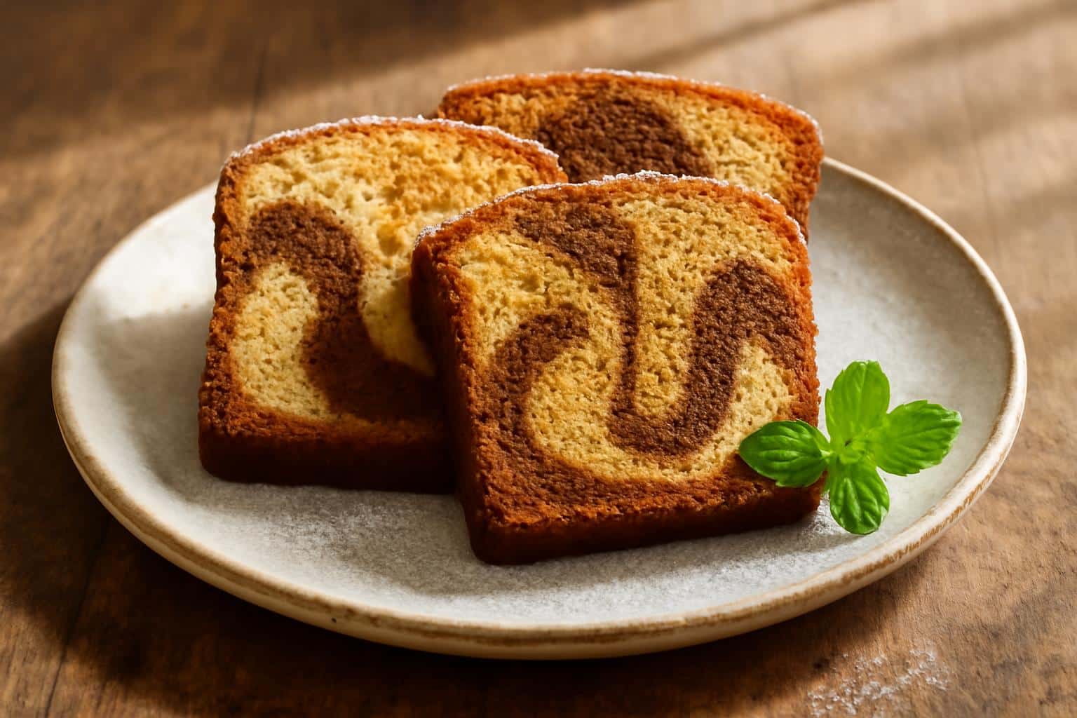Slices of Trio de Cakes Marbrés showing vanilla, chocolate, and coffee marble swirls on a plate