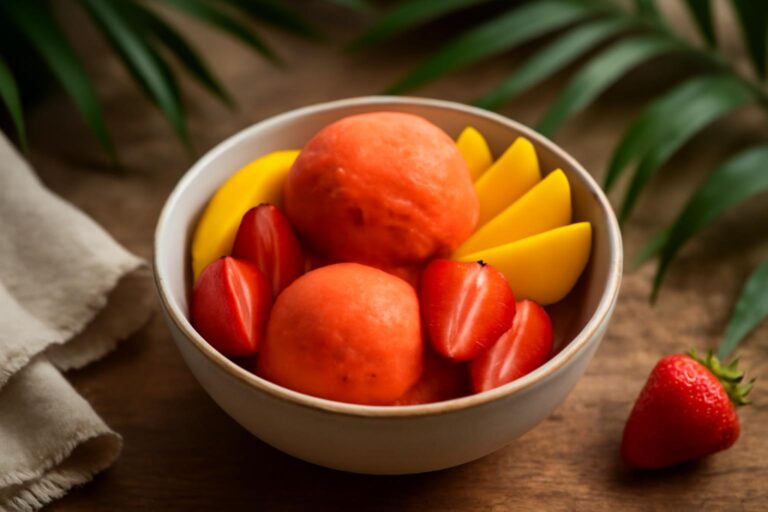 Bowl of mango strawberry sorbet with fresh mango and strawberry garnish on rustic surface