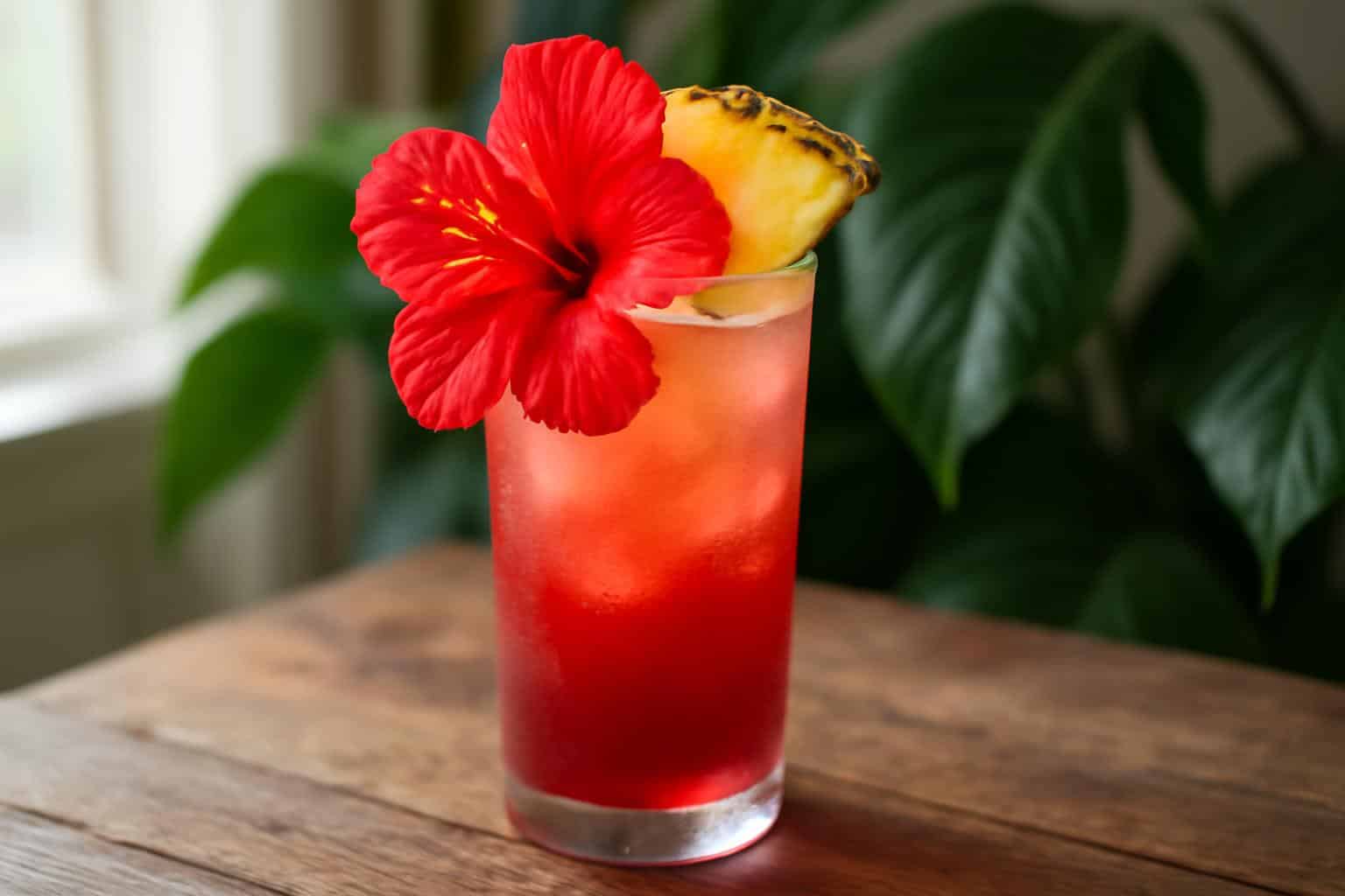 Refreshing tropical coconut hibiscus mocktail garnished with hibiscus flower and pineapple slice