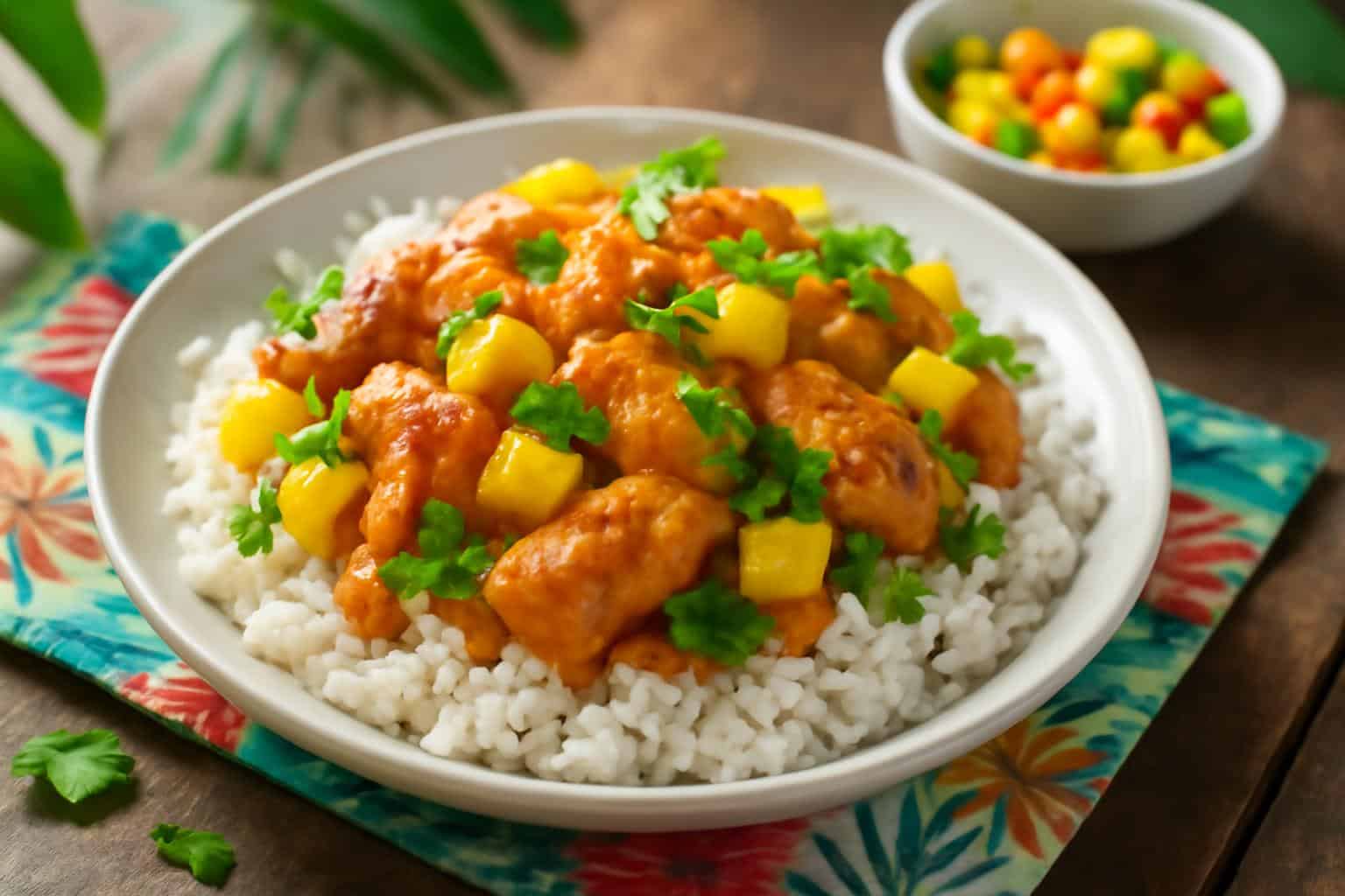 Tropical pineapple chicken served with fluffy rice delight and fresh garnishes