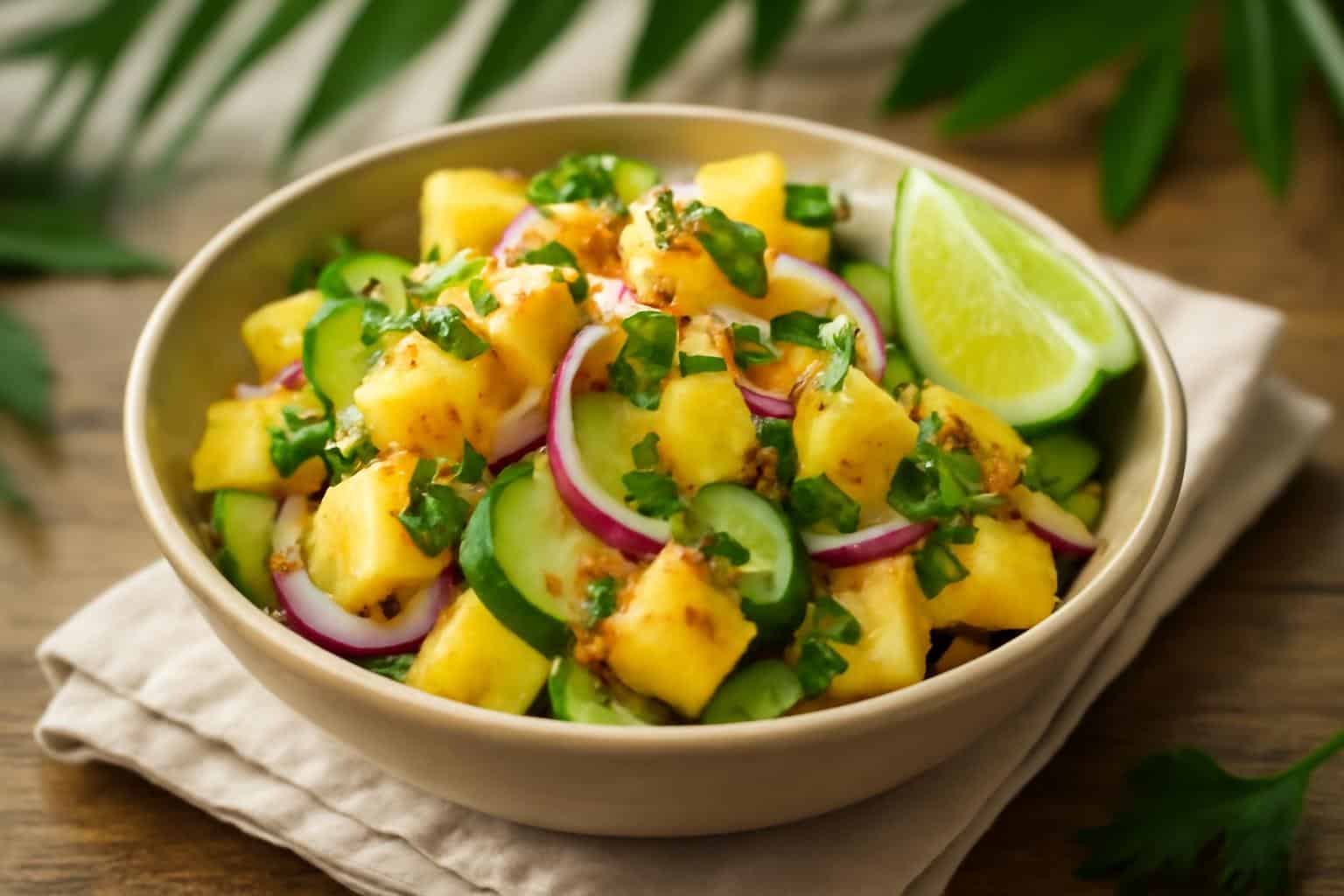 Fresh pineapple cucumber salad with tropical twist garnished with herbs and coconut flakes