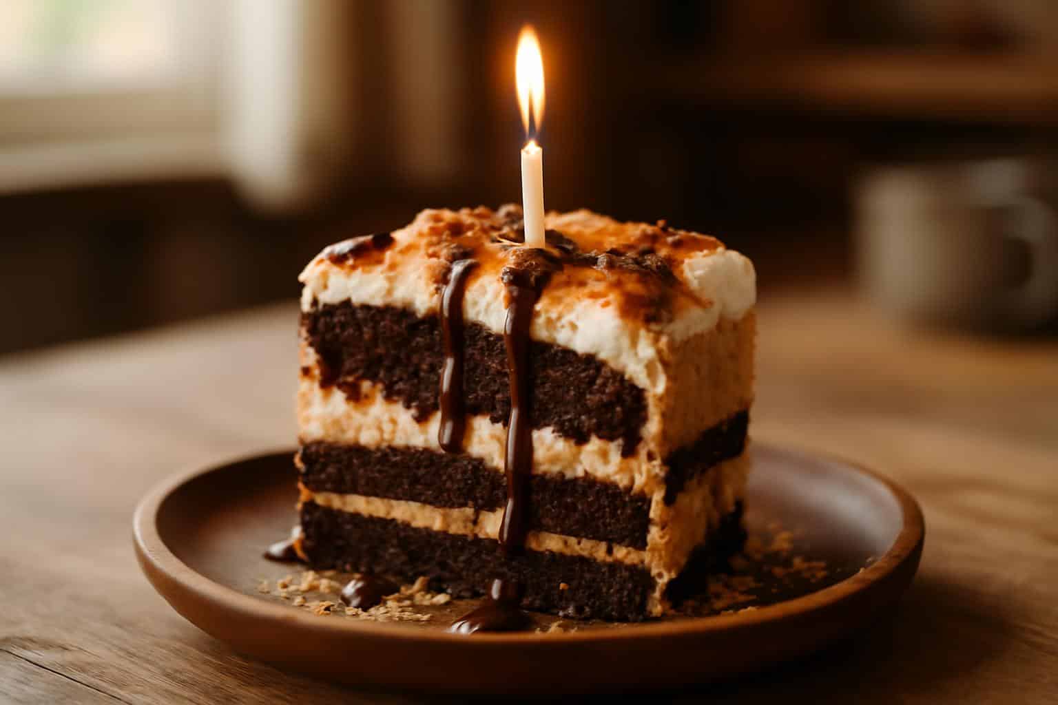 slice of gooey s’mores birthday cake with melted chocolate and toasted marshmallows