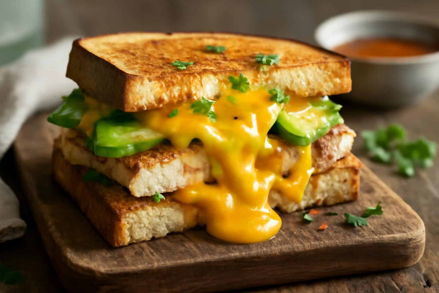 Ultimate cheesy chicken avocado melt sandwich with melted cheese and sliced avocado on toasted bread