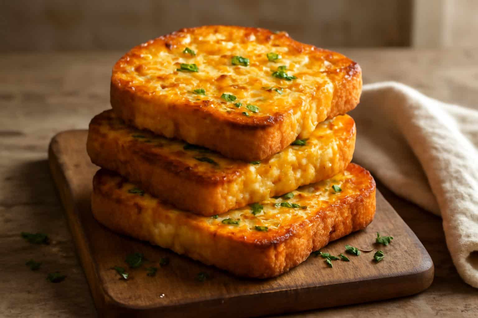 Golden crispy cheesy texas toast with melted cheese and parsley garnish on a wooden board