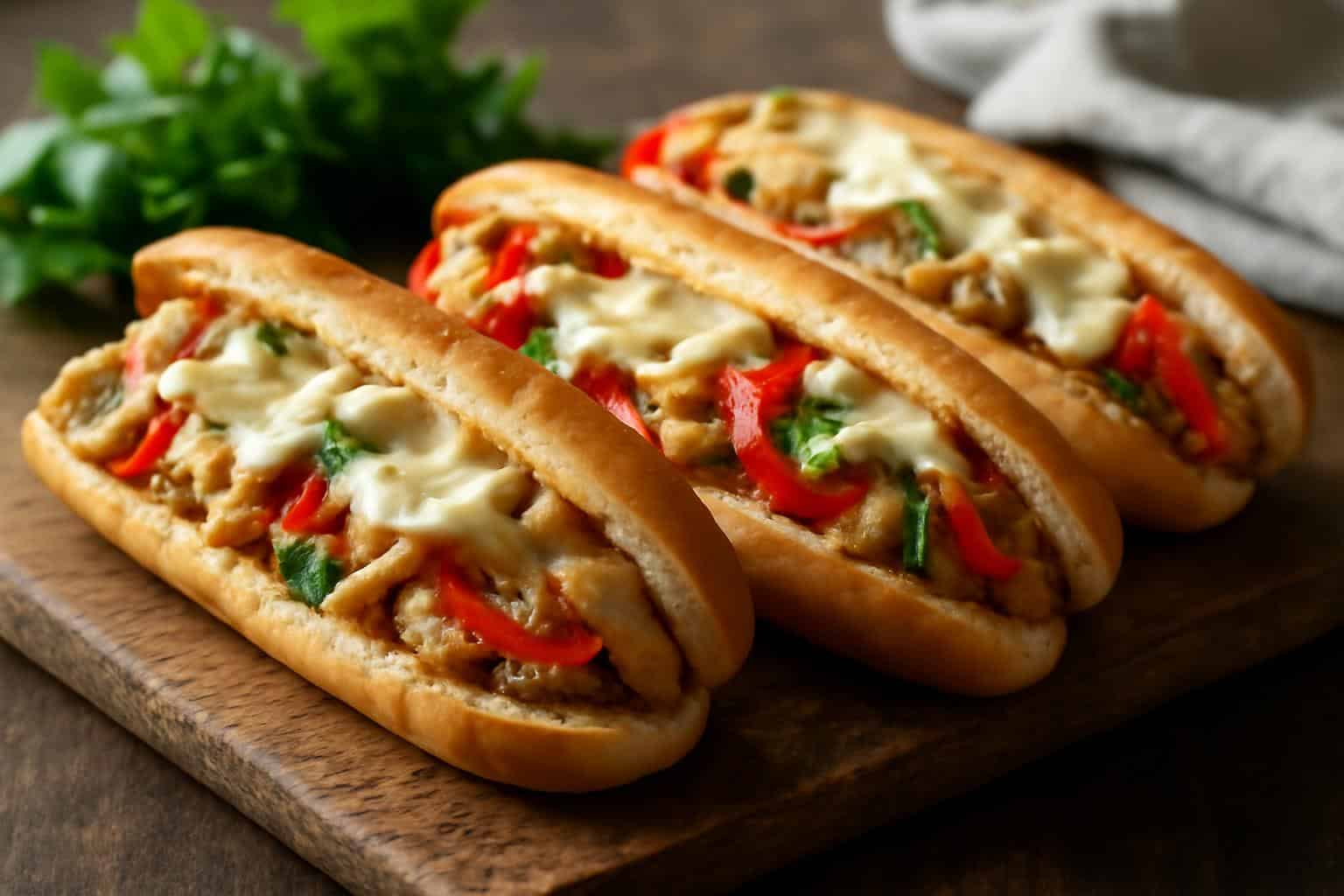 Ultimate chicken philly cheese steaks with melted cheese and sautéed peppers served on a rustic wooden board