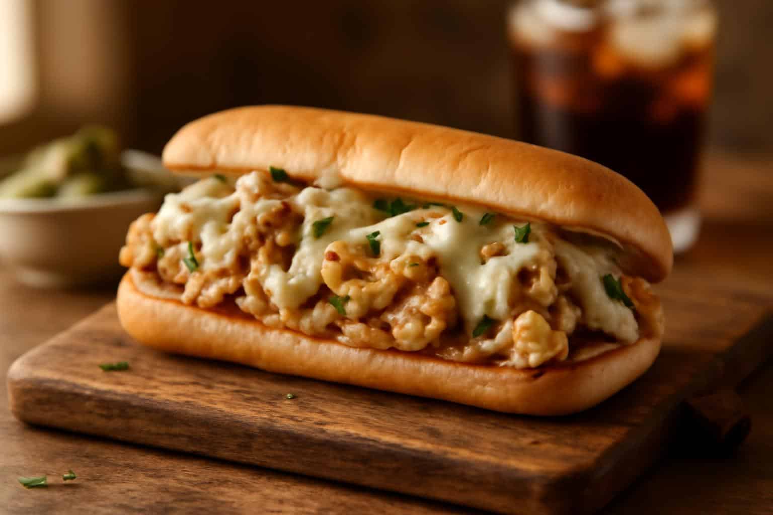 Chicken philly cheese steaks sandwich with melted cheese and sautéed onions on a rustic board, chicken philly cheese ste