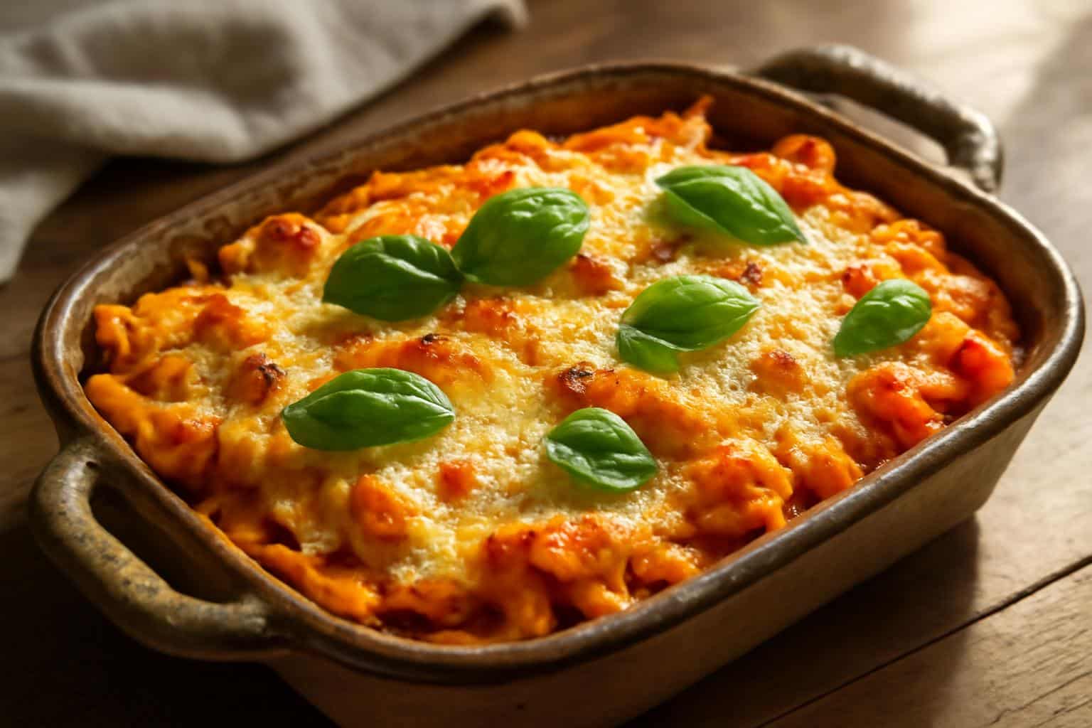 Ultimate baked ziti in ceramic dish with melted cheese and basil garnish, baked ziti