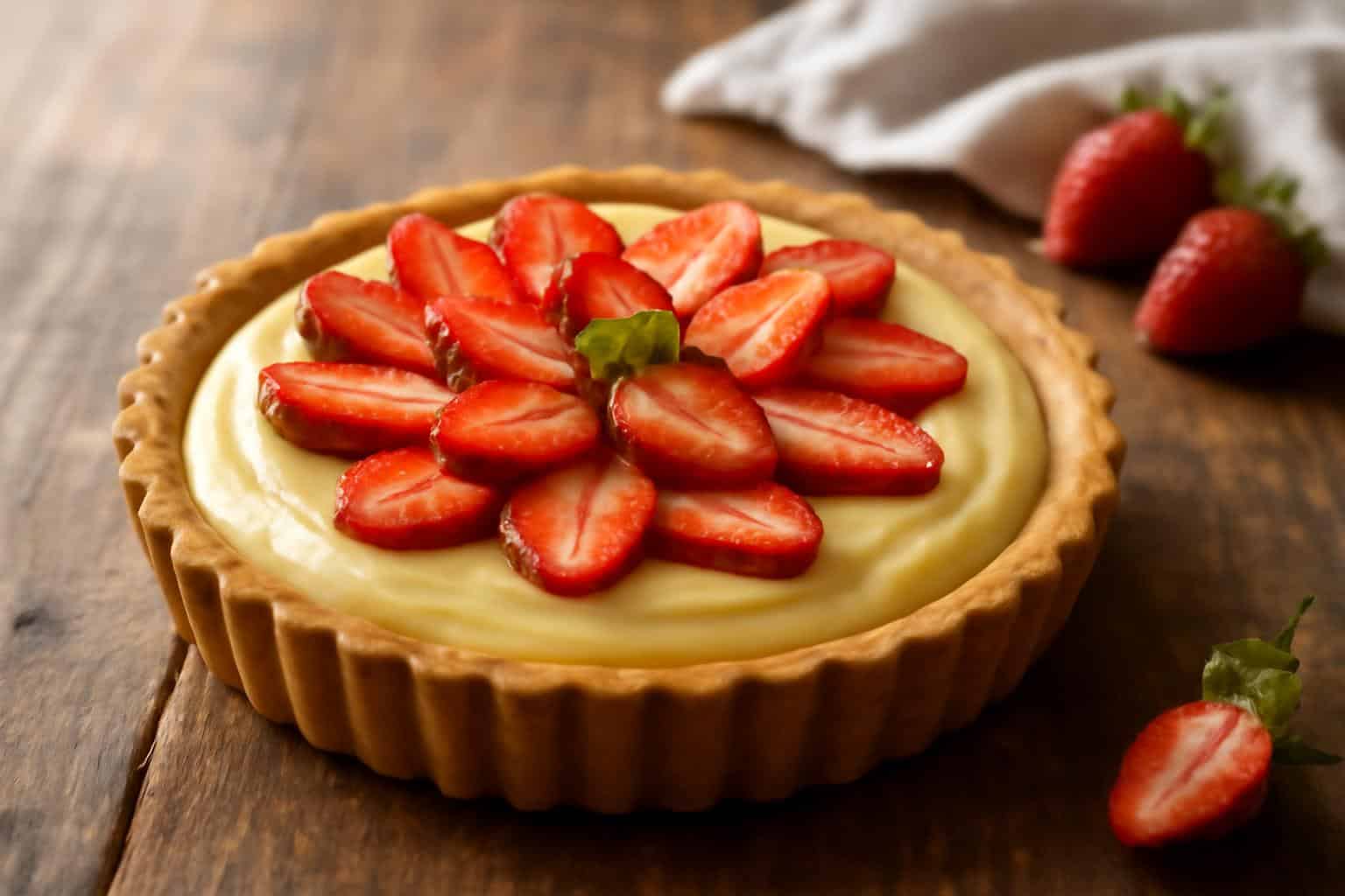 vanilla custard tart topped with fresh strawberries on rustic table, vanilla custard tart