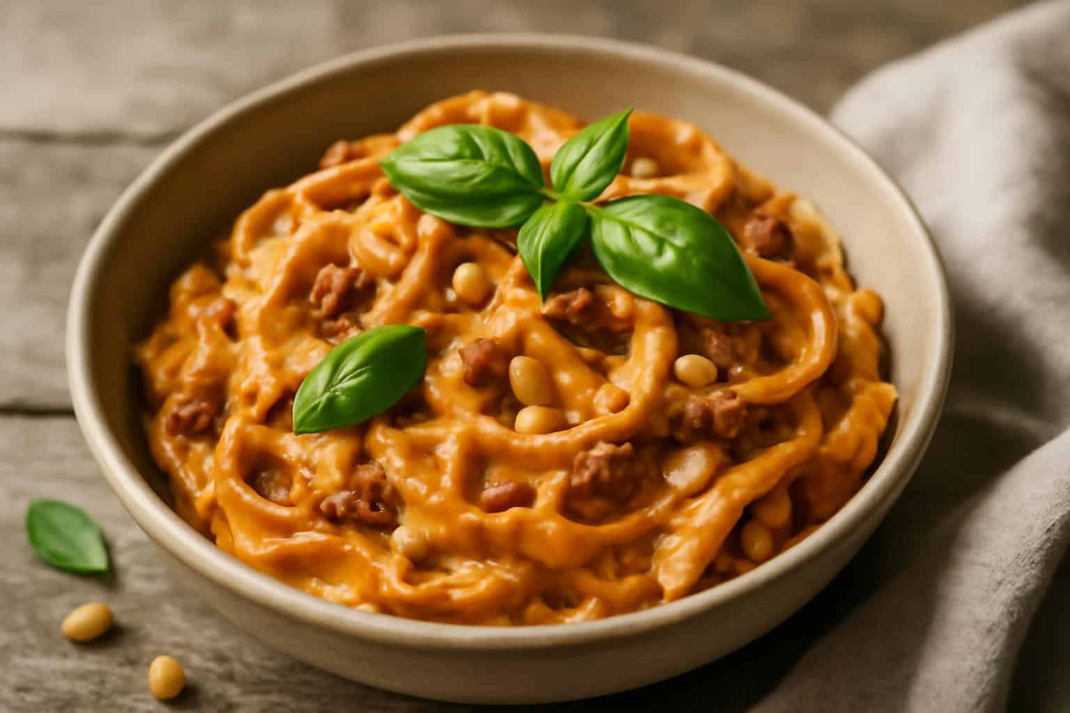 Vegan creamy pasta with sun-dried tomatoes garnished with fresh basil and pine nuts