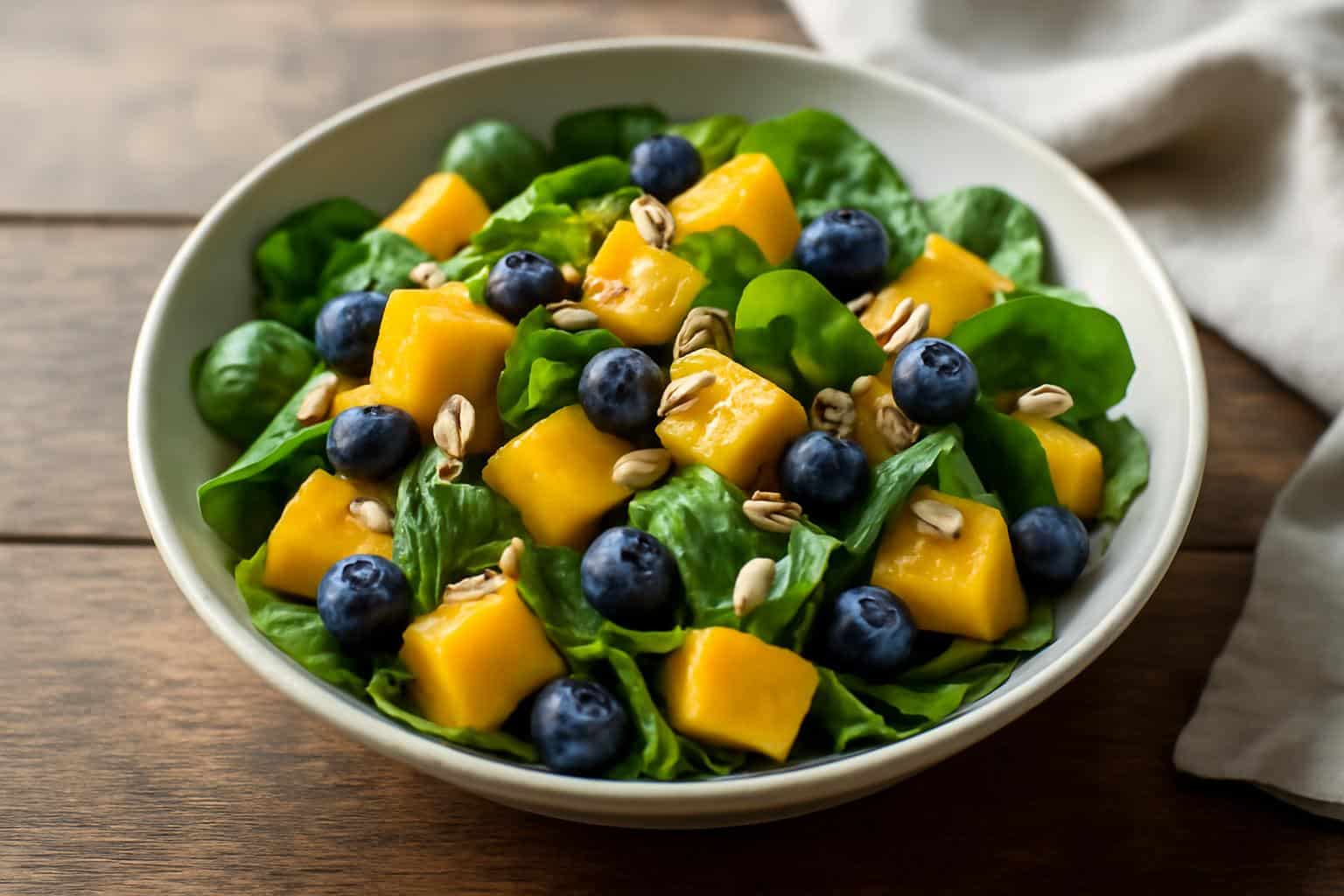Vibrant mango spinach salad with juicy blueberries and toasted almonds in a bowl