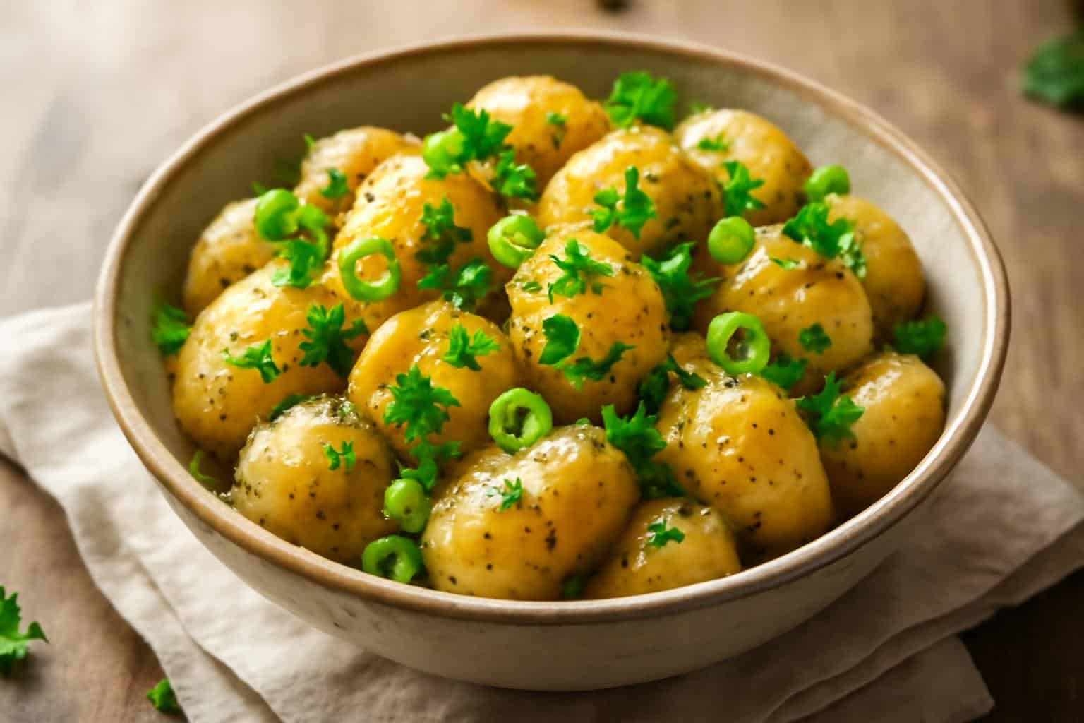 Warm honey dijon potato salad in a bowl garnished with parsley and green onions
