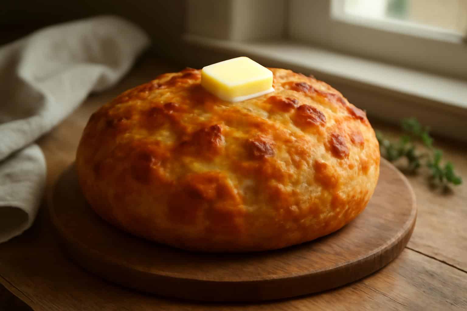 Warm no knead cheddar bread fresh from Dutch oven with melted cheddar crust