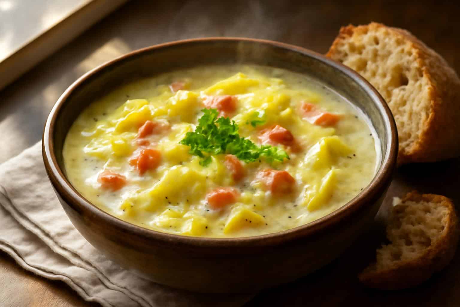 Irish bacon soup with cabbage and potatoes in a rustic bowl garnished with parsley