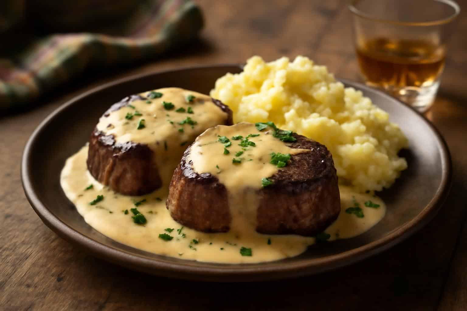 Whiskey cream steaks served with creamy sauce and parsley garnish, showcasing whiskey cream steaks