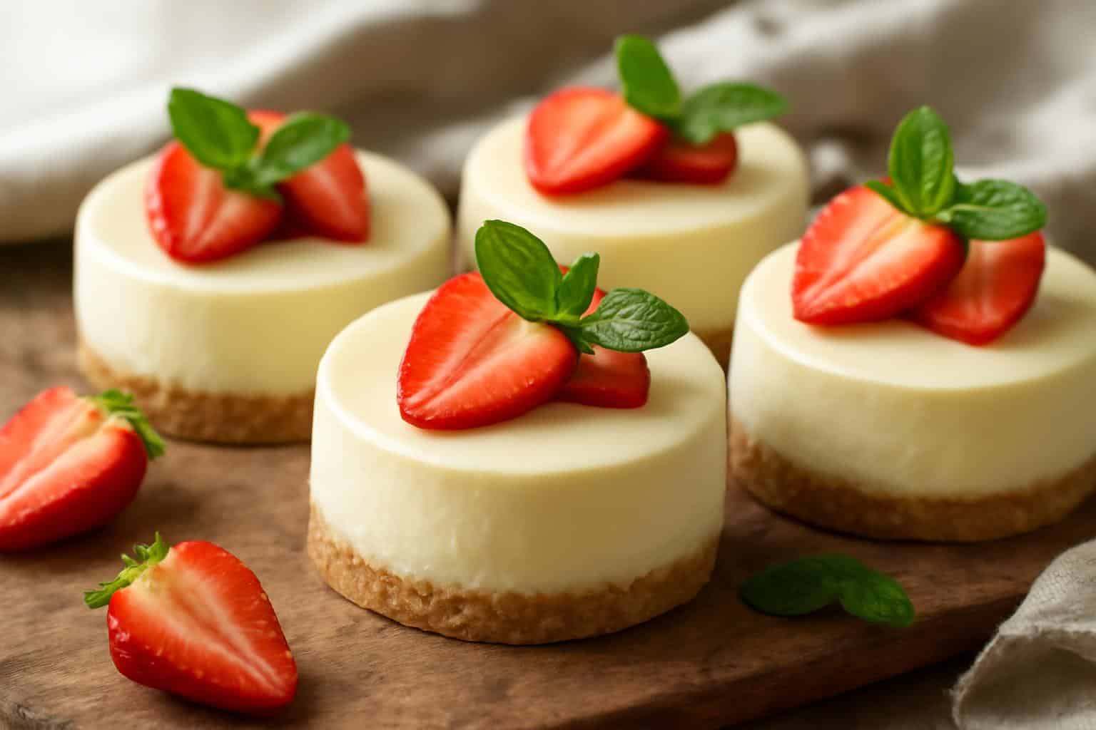 Mini white chocolate cheesecake desserts topped with fresh strawberry slices and mint leaves, showcasing white chocolate