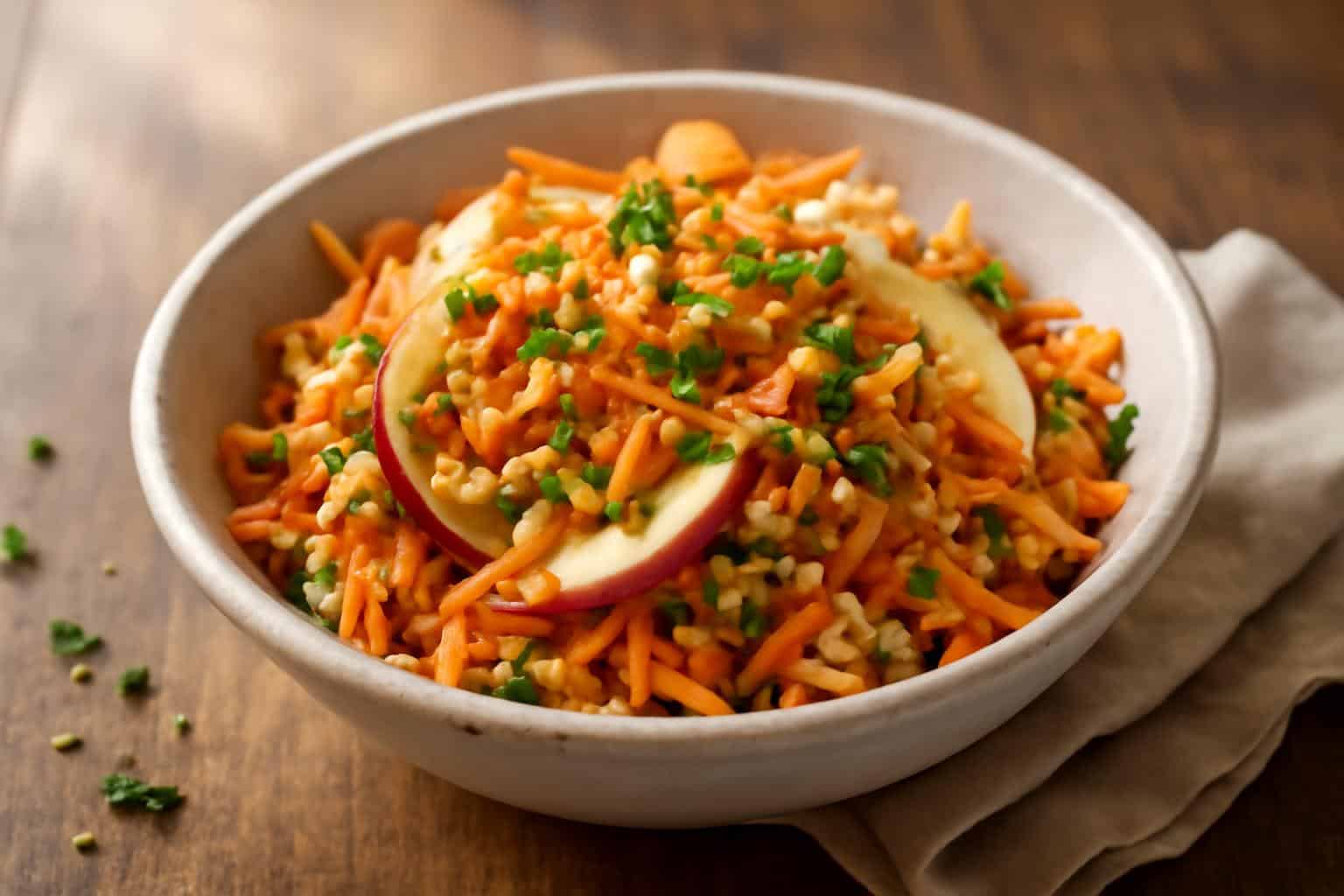 Zesty apple carrot salad with citrus dressing and walnut garnish in rustic bowl