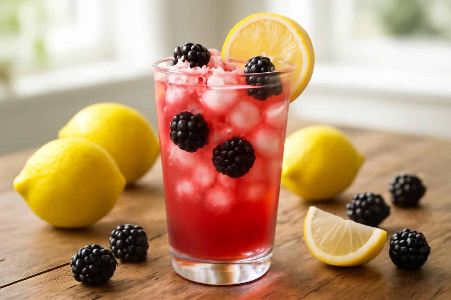 Zesty blackberry lemonade mocktail in a tall glass with fresh blackberries and lemon garnish