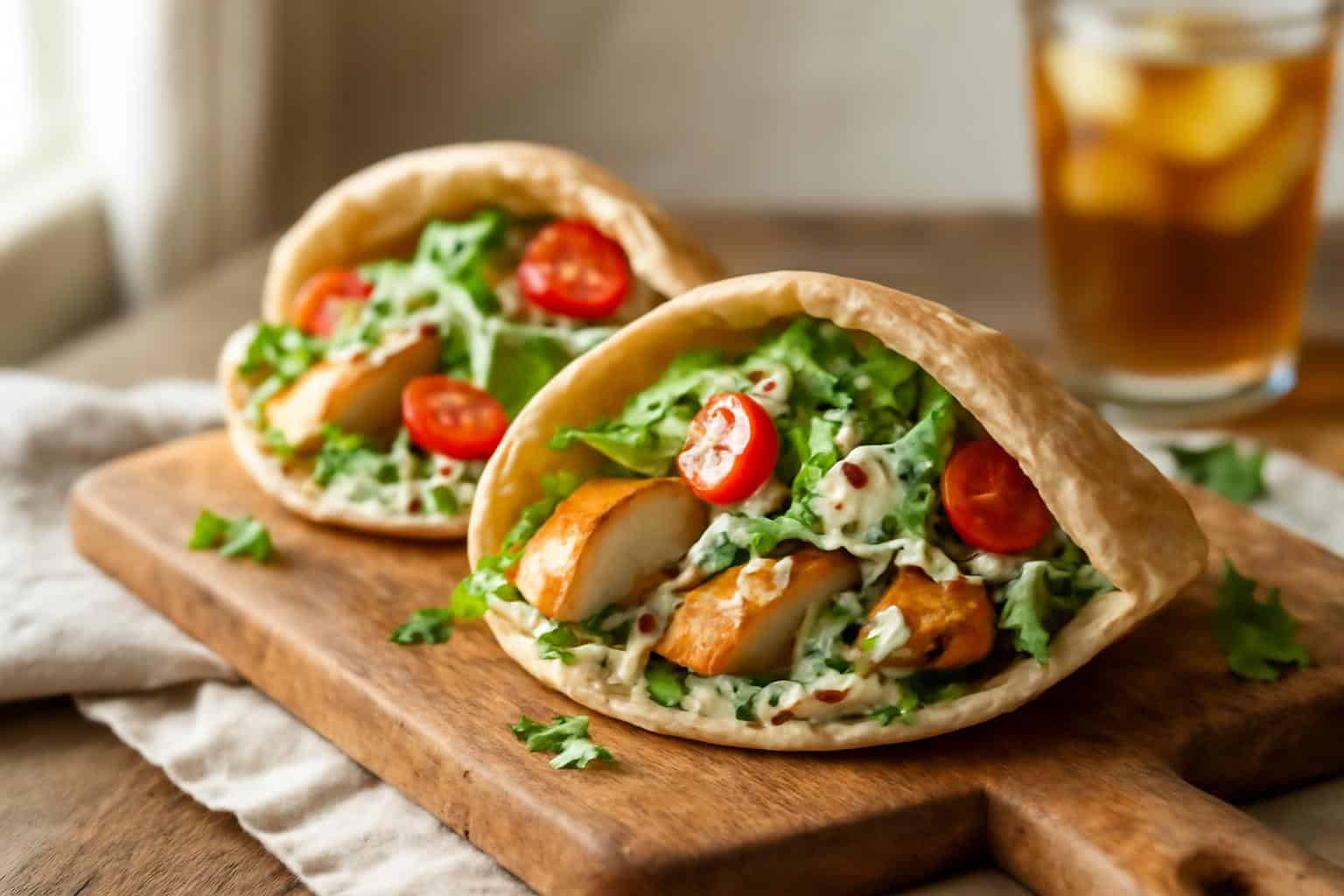 Zesty chicken pitas stuffed with grilled chicken and herbed ranch slaw on a rustic wooden board