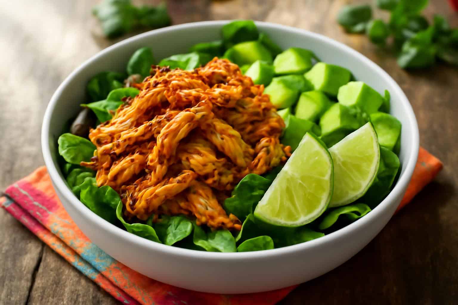 Zesty chipotle lime chicken salad with fresh greens and avocado in a bowl