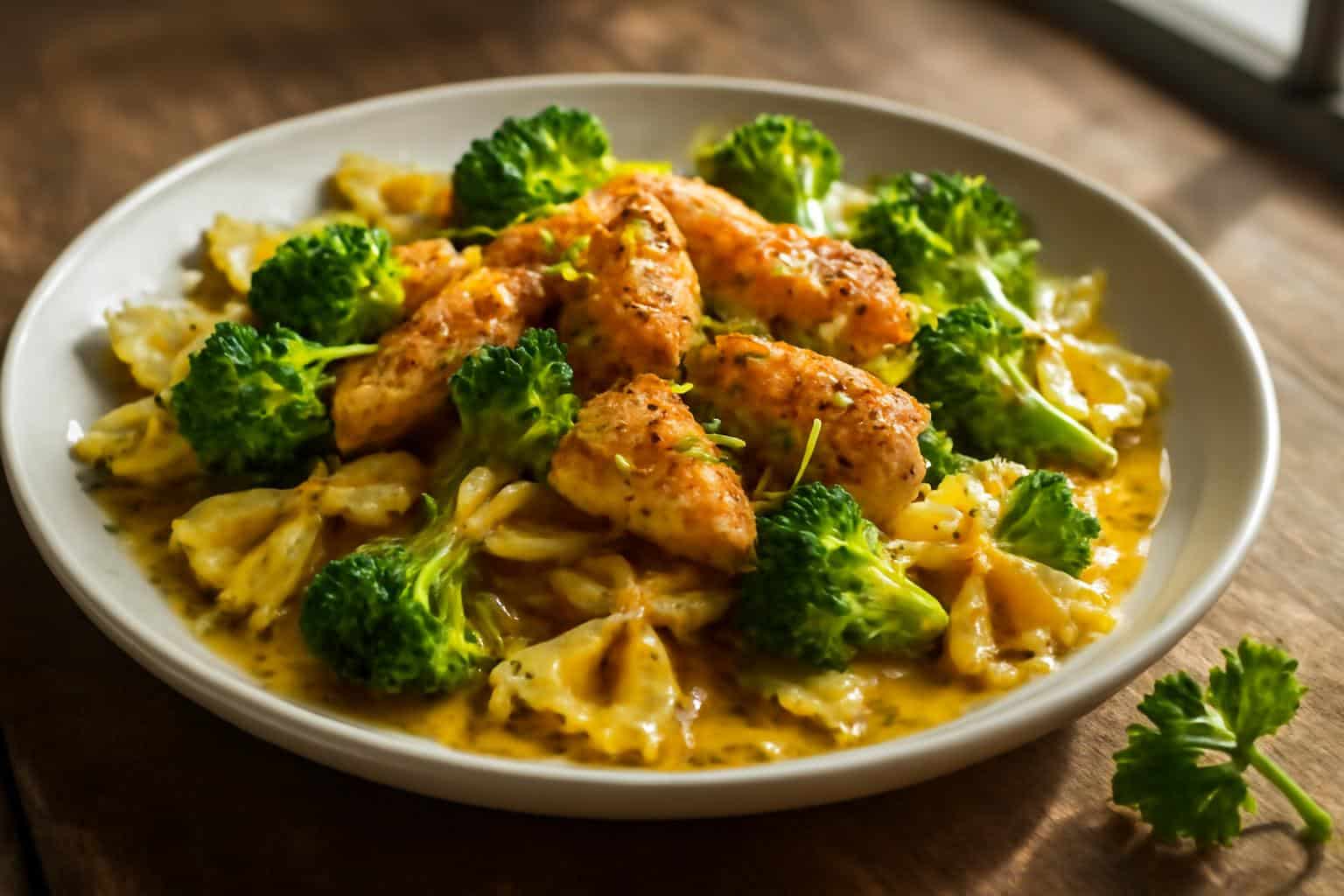 Zesty cowboy butter lemon bowtie chicken and broccoli on a plate with fresh herbs
