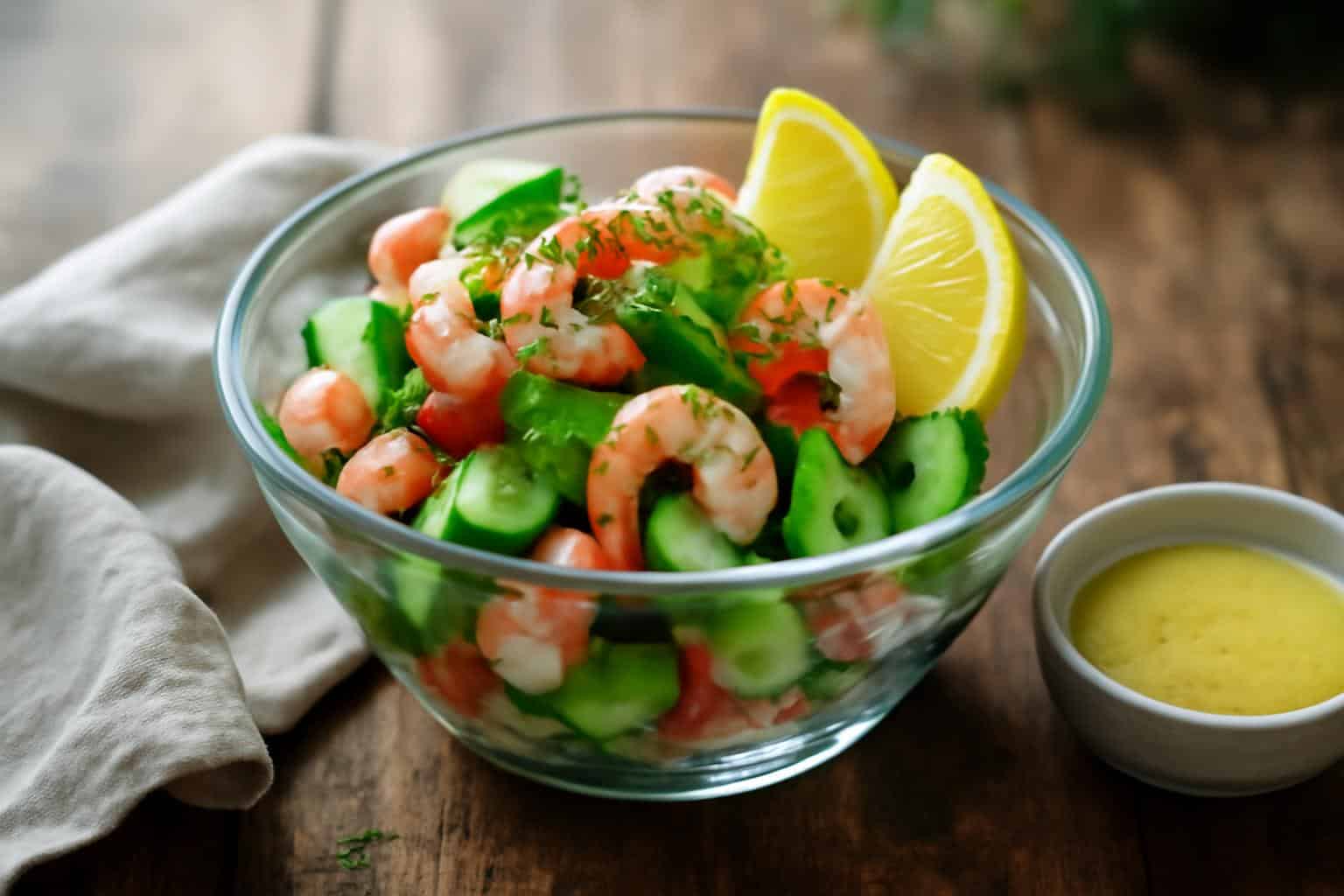 Zesty creamy cucumber shrimp salad in a glass bowl garnished with dill and lemon wedges