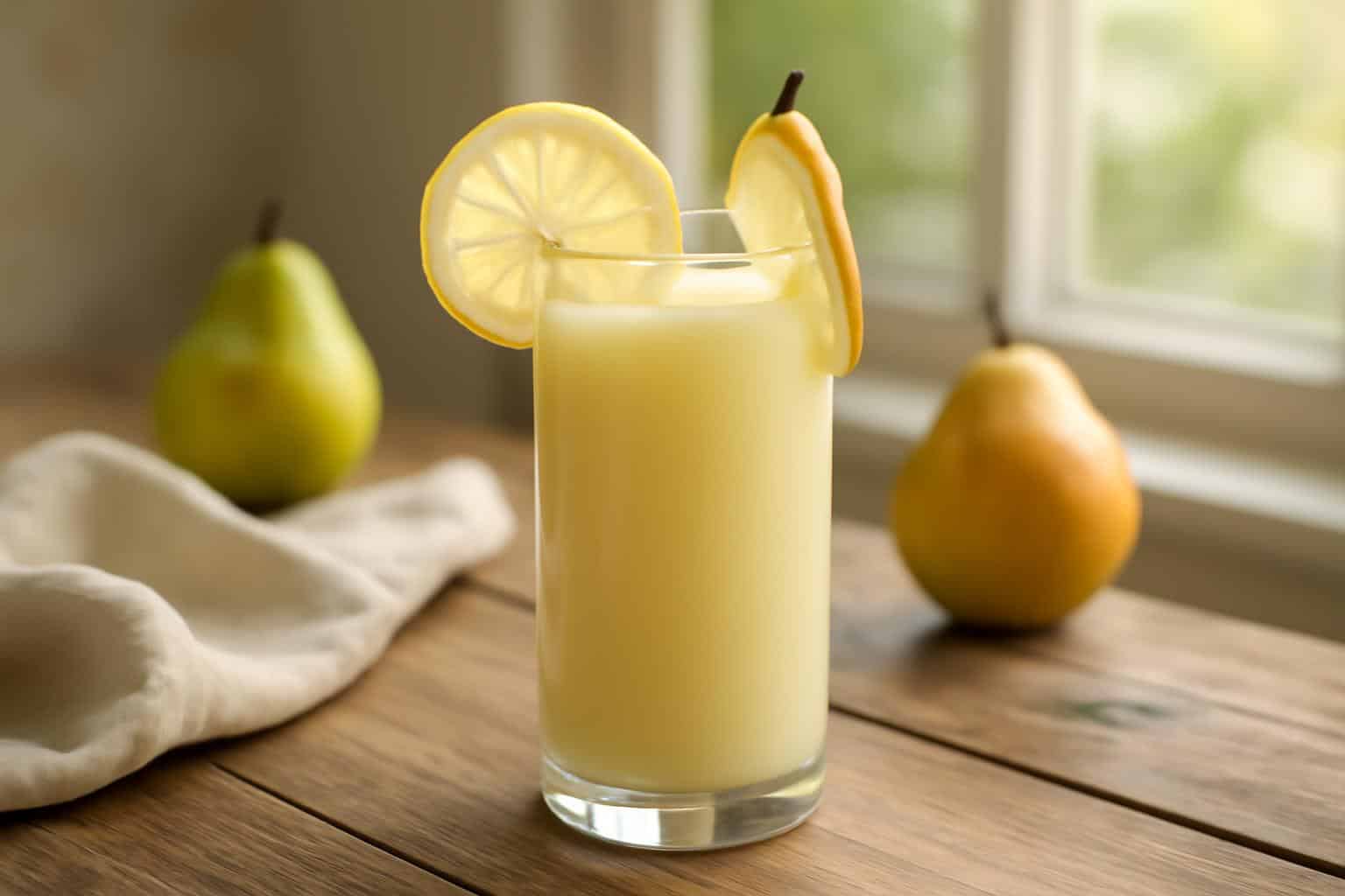 Glass of zesty creamy pear lemonade garnished with lemon slice and pear wedge on rustic table