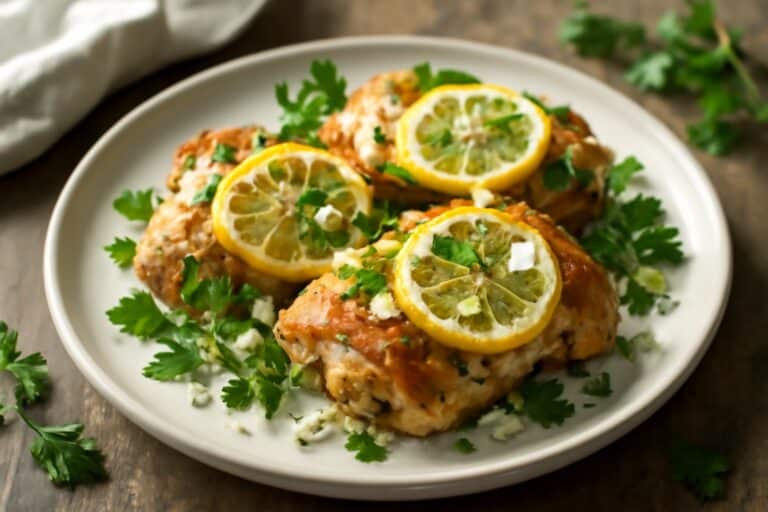 Zesty Greek chicken baked with lemon and feta cheese garnished with fresh herbs