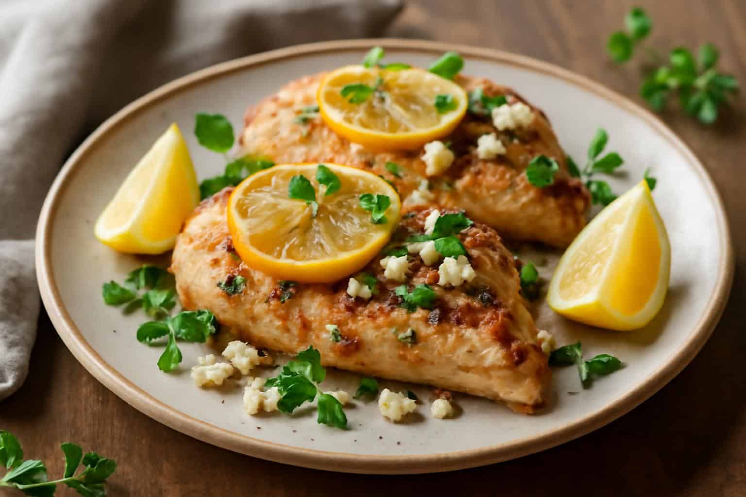 Zesty Greek chicken baked with lemon and feta on rustic plate garnished with herbs