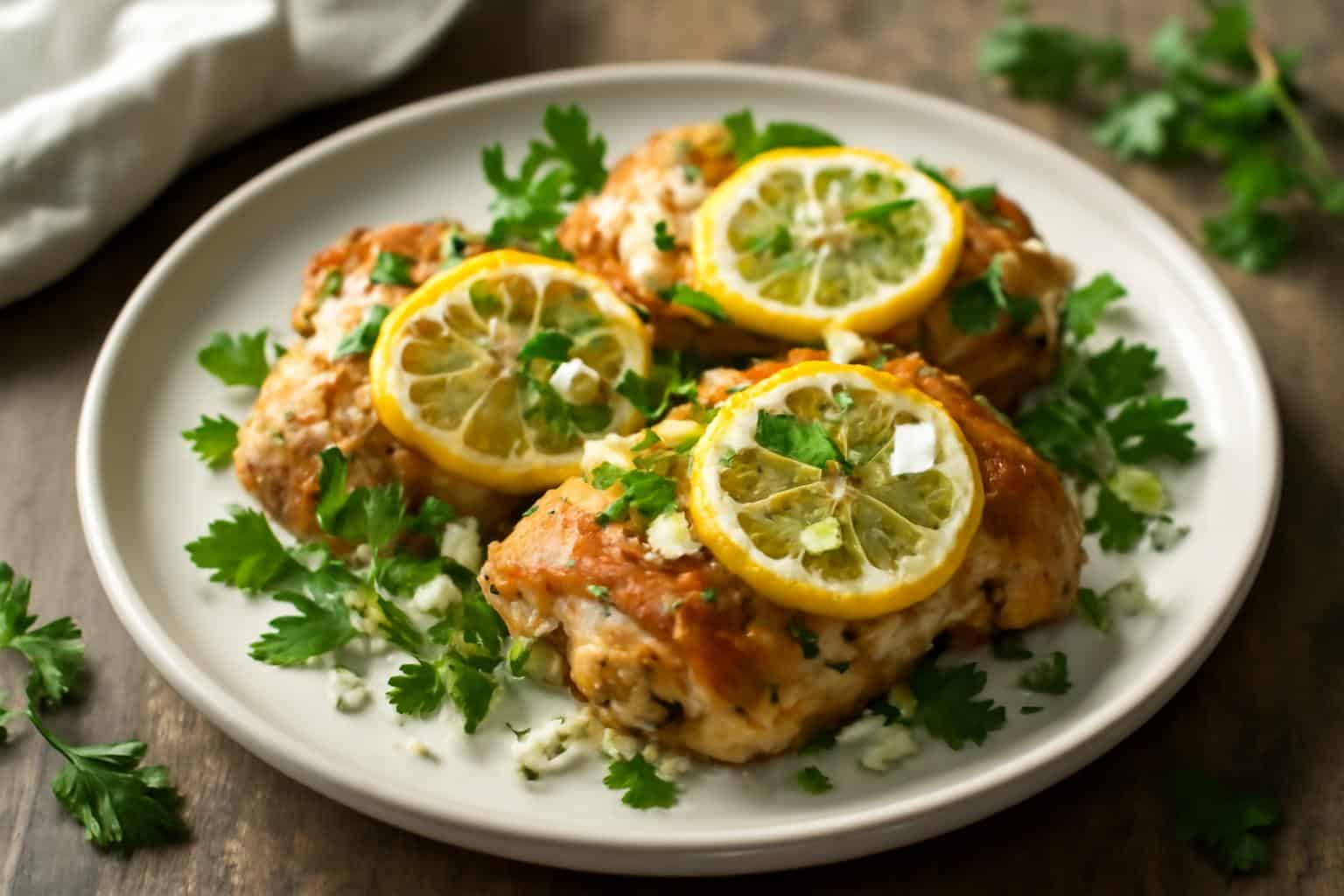 Zesty Greek chicken baked with lemon and feta cheese garnished with fresh herbs
