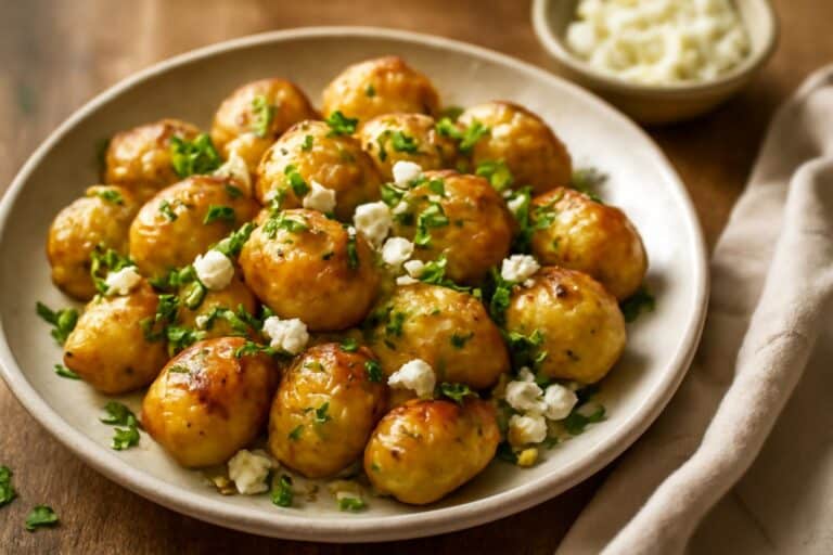 Golden Greek feta roasted potatoes garnished with herbs and lemon zest, a perfect flavorful side dish