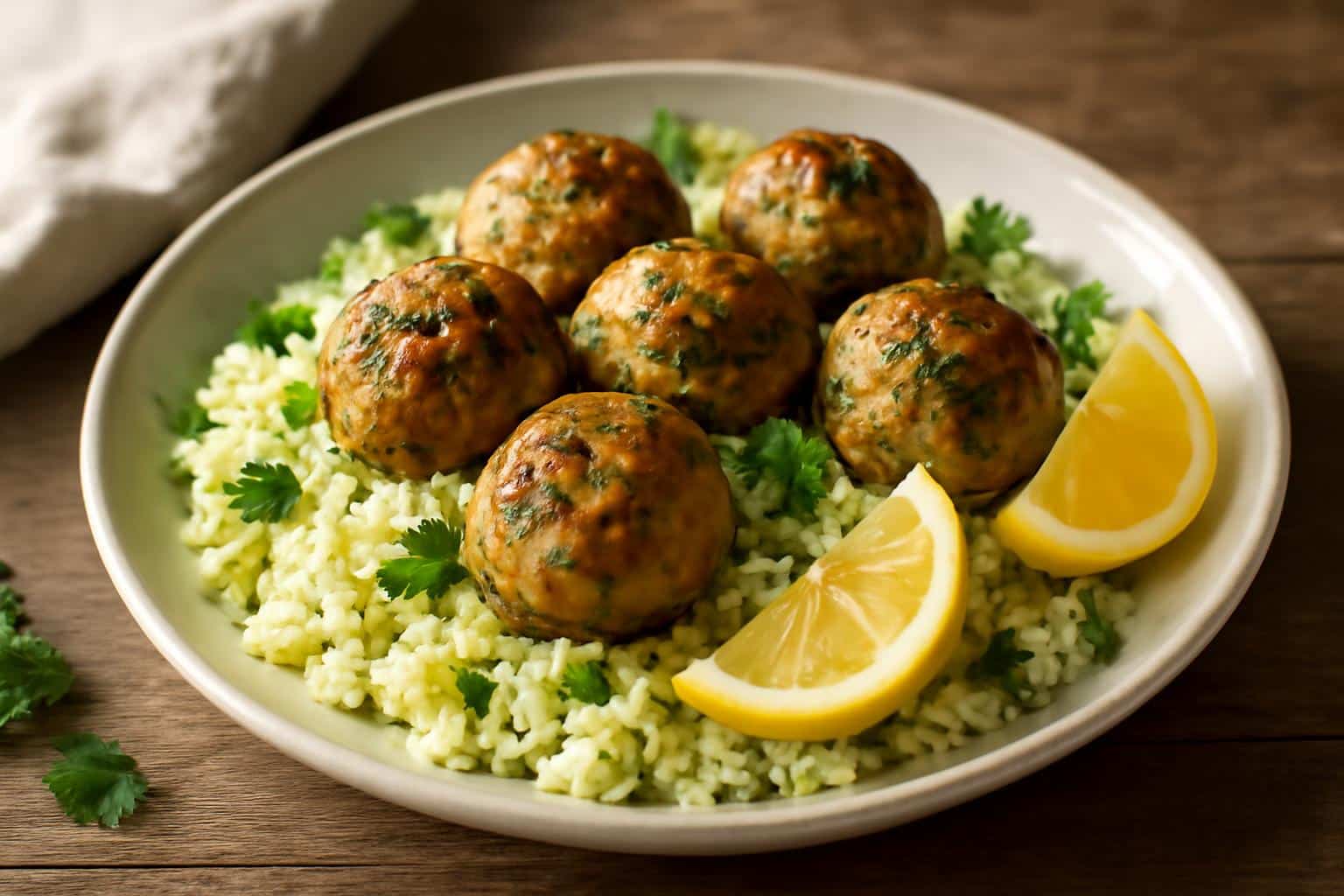 Zesty Greek turkey meatballs served with lemon herb rice garnished with fresh parsley and lemon wedges