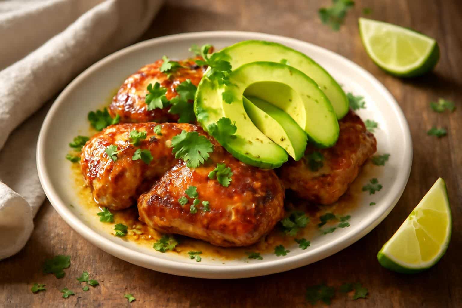 Zesty honey lime chicken served with sliced avocado and fresh cilantro on a rustic plate