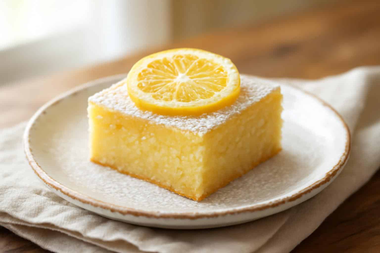 a square piece of zesty lemon brownies garnished with lemon slice and powdered sugar, zesty lemon brownies