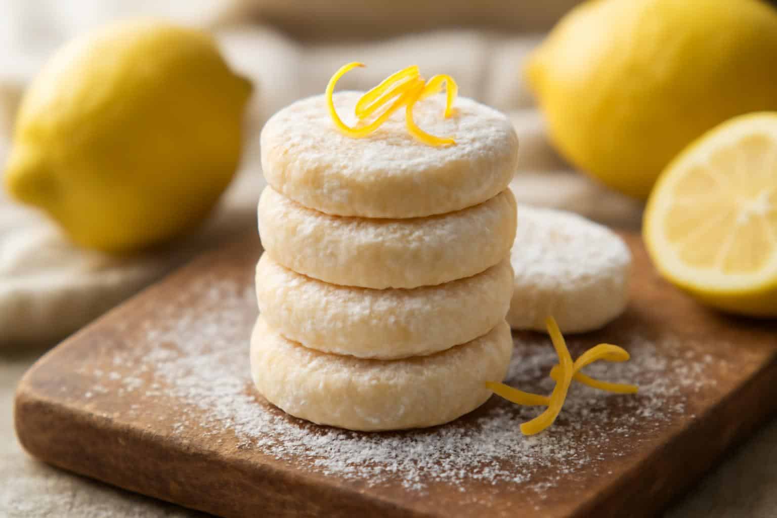 Soft and zesty lemon meltaways cookies garnished with lemon zest and powdered sugar