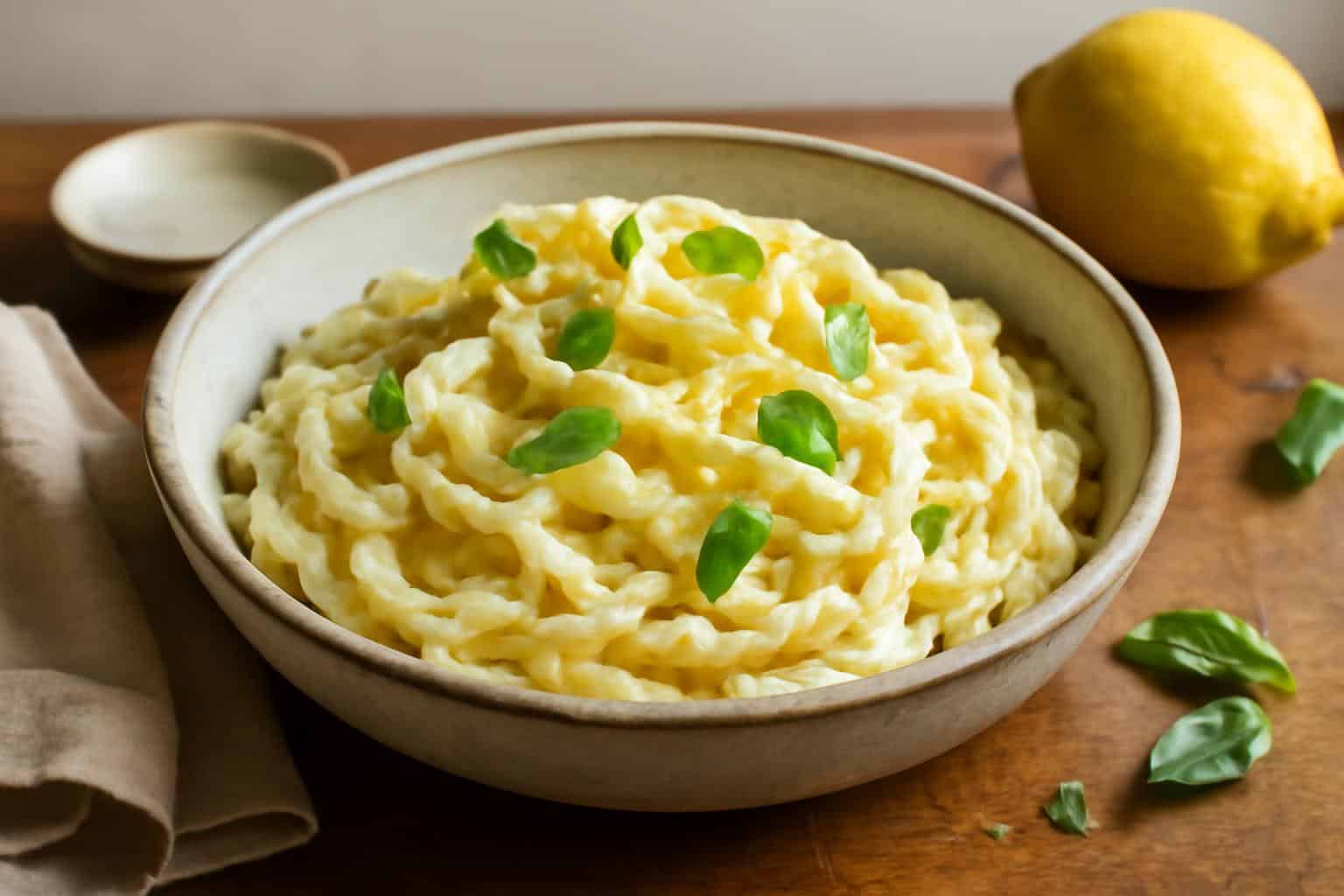 A bowl of creamy lemon ricotta pasta garnished with lemon zest and fresh basil, showcasing lemon ricotta pasta
