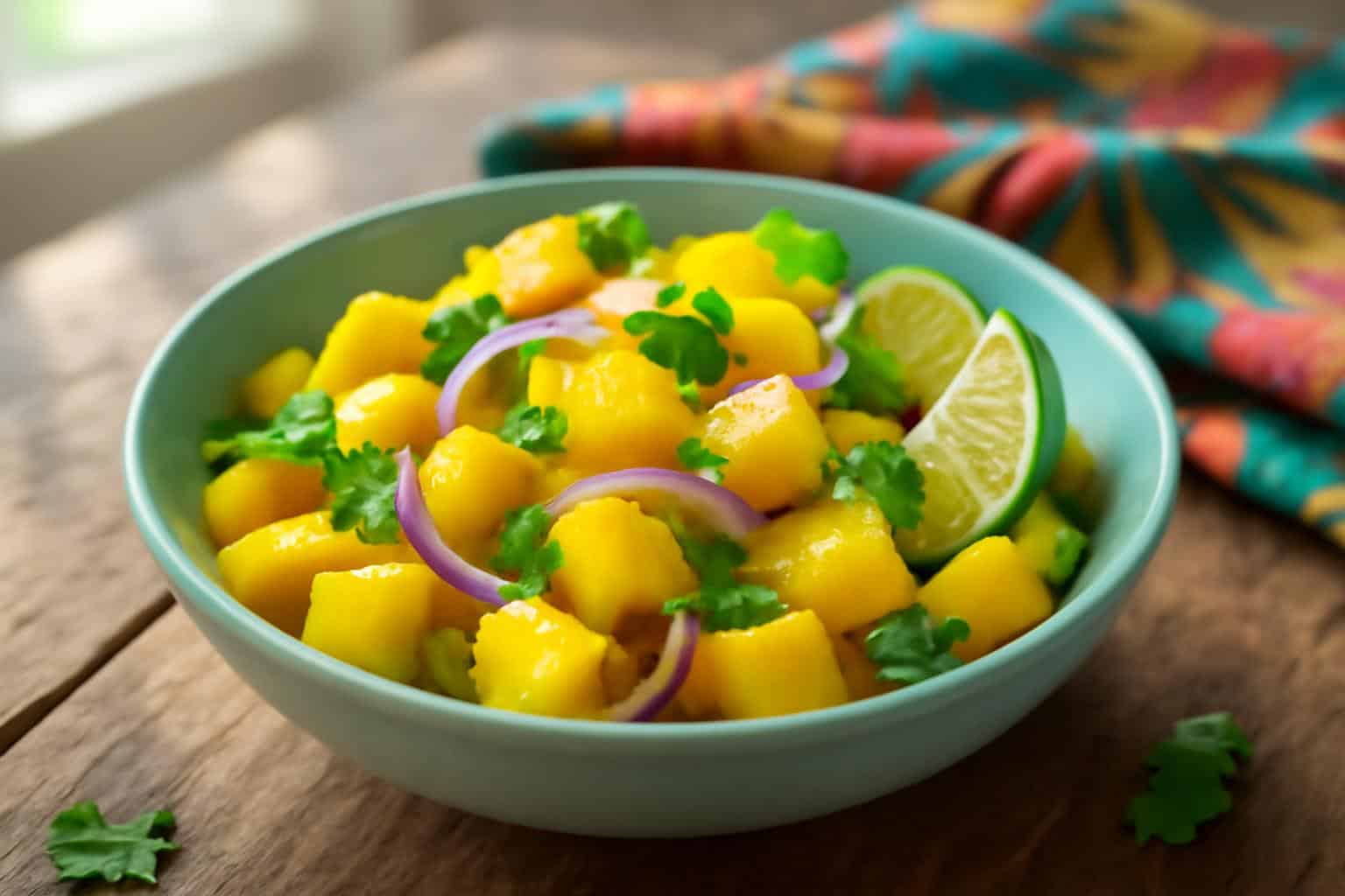 Zesty mango salad with lime dressing in a bowl garnished with cilantro and lime wedges