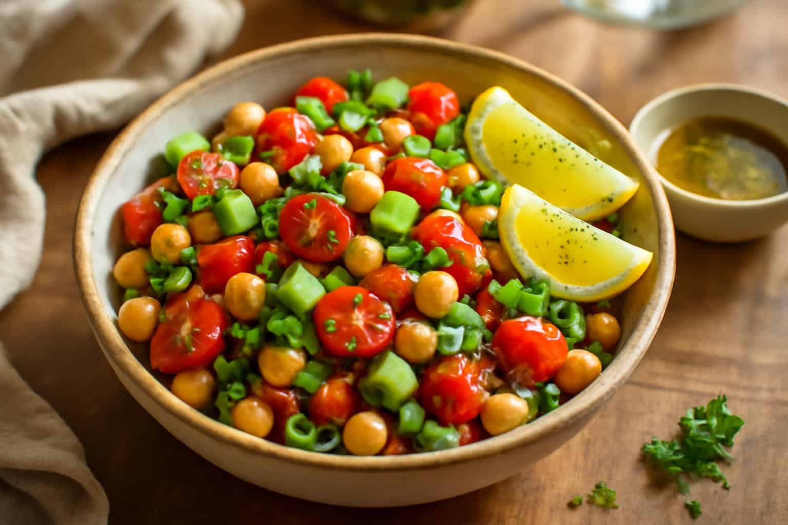 Mediterranean bean salad with chickpeas and fresh veggies in a rustic bowl
