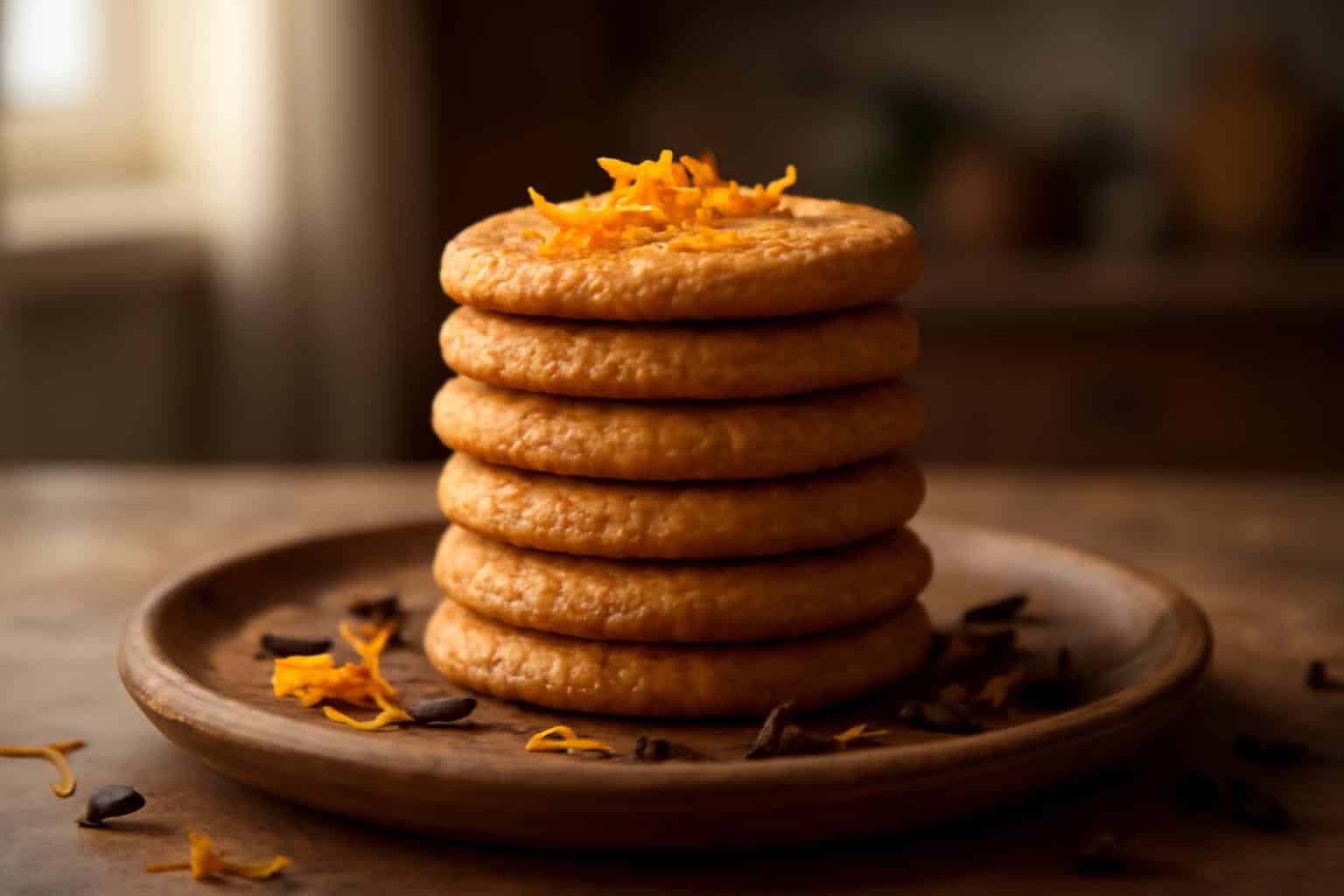Stack of zesty orange cookies with spiced clove flavor garnished with orange zest