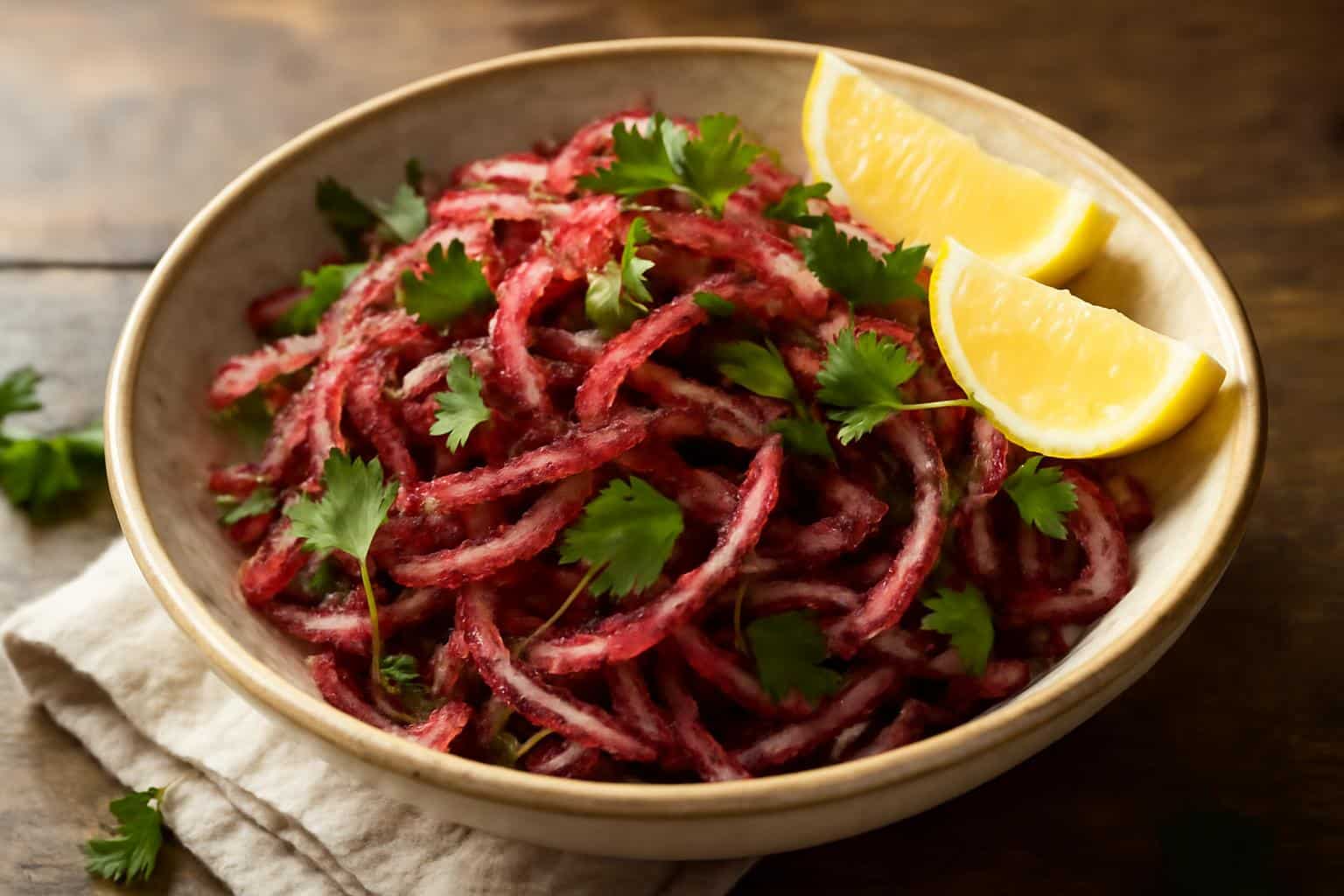 Zesty sumac onions salad with fresh parsley and lemon wedges in a ceramic bowl