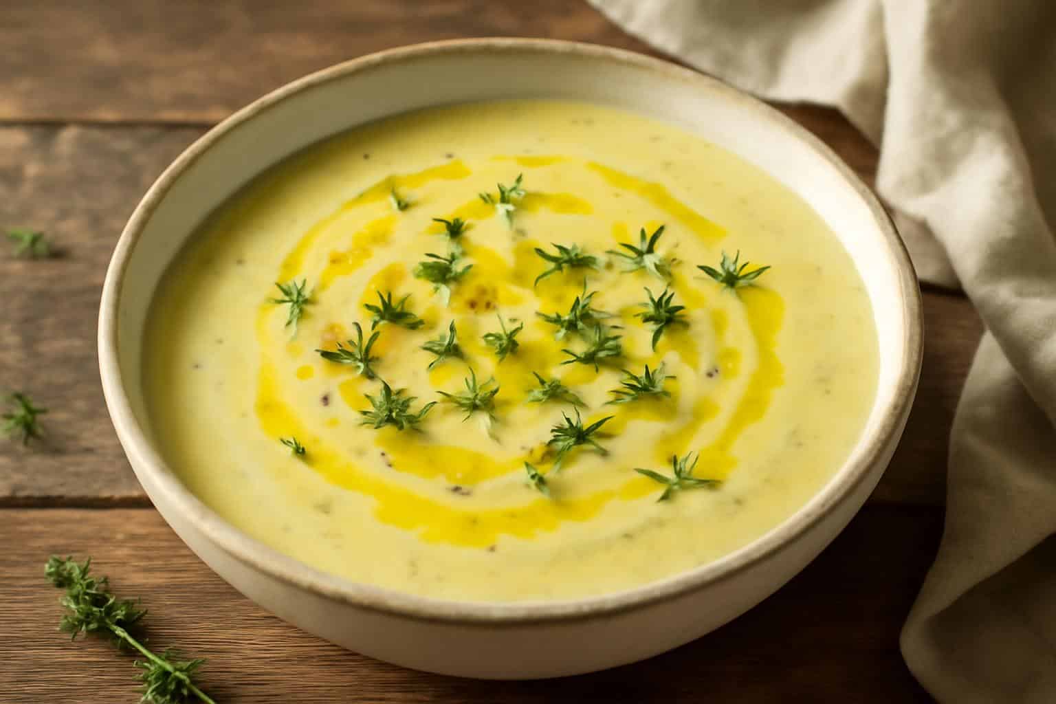 Creamy tuscan artichoke soup in a bowl with lemon zest and thyme garnish
