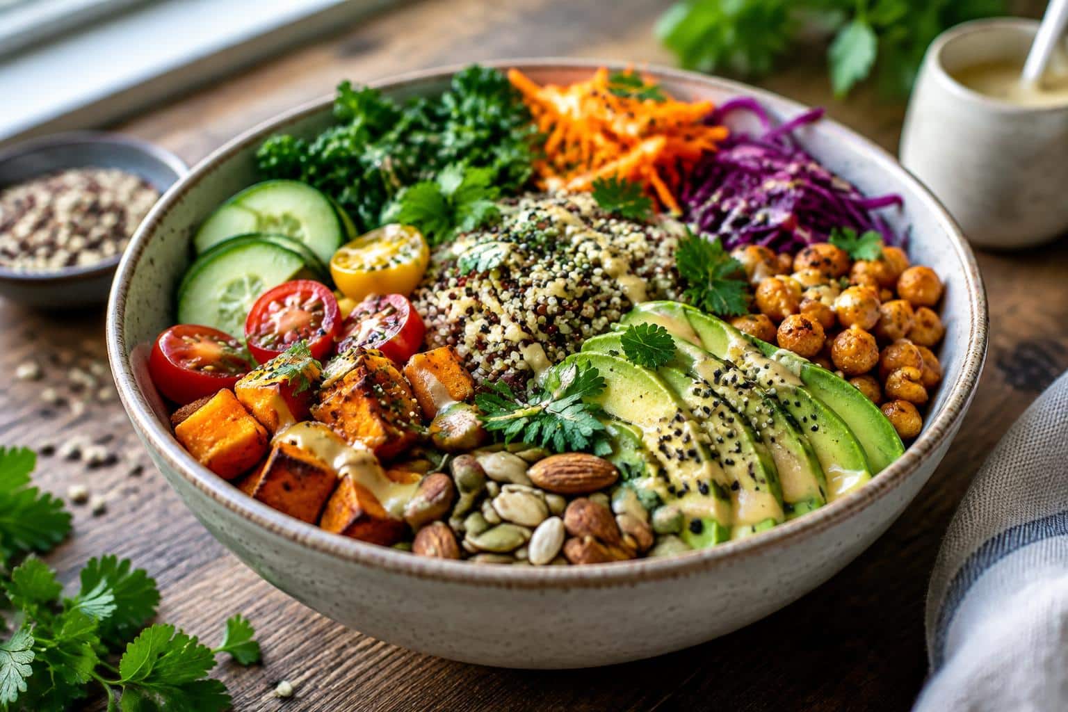 A colorful 100 nutrients bowl with grains, vegetables, seeds, and herbs in a ceramic bowl