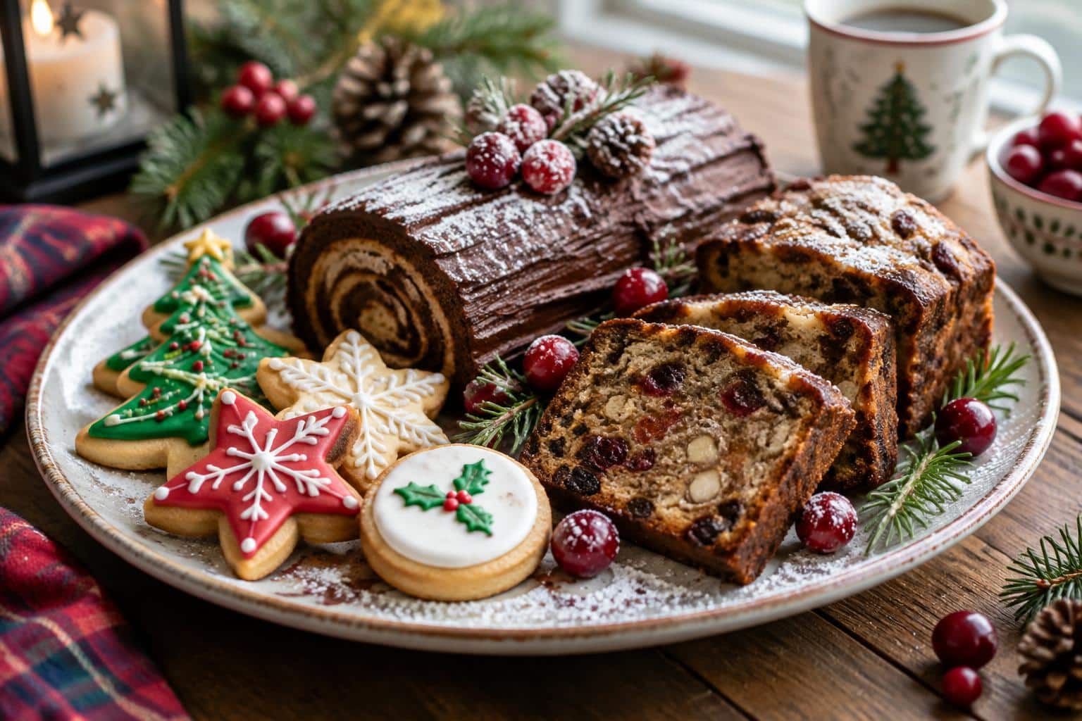 Assorted christmas desserts including yule log and decorated sugar cookies on rustic wooden table