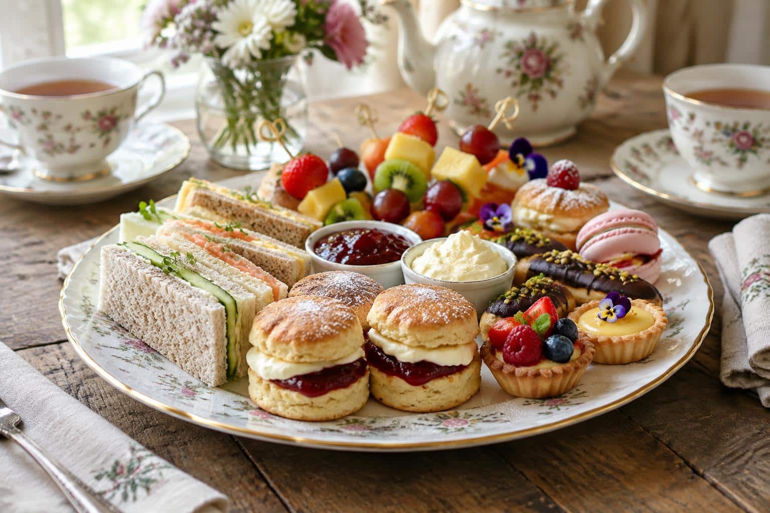 Assortment of easy tea party food including sandwiches, scones, and fruit skewers for the best tea party food